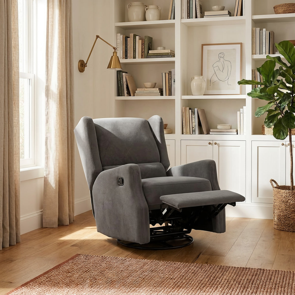 Dark gray recliner with the footrest raised, in a bright living room beside built-in bookshelves