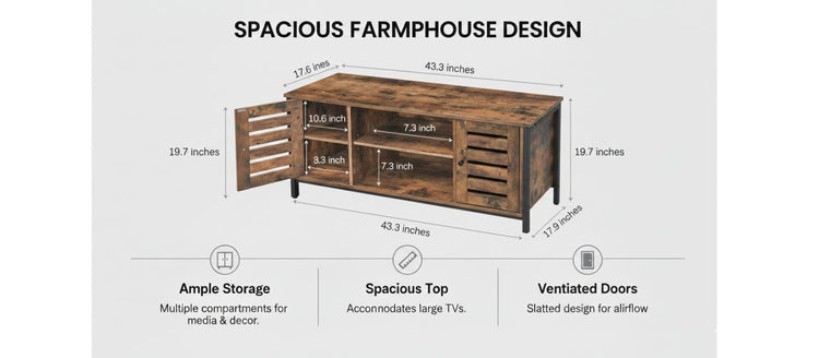 Modern mid-century industrial TV stand with wood and iron, louvered doors, hidden storage for 50-inch TVs.