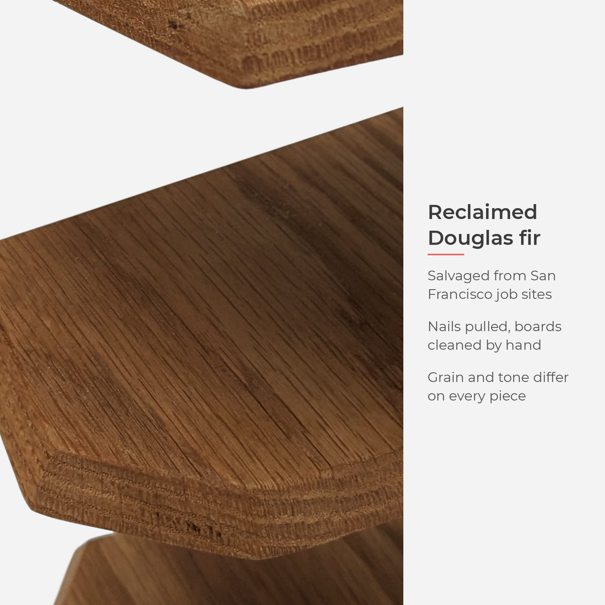 Reclaimed Douglas fir tier with salvage notes (feature callout)