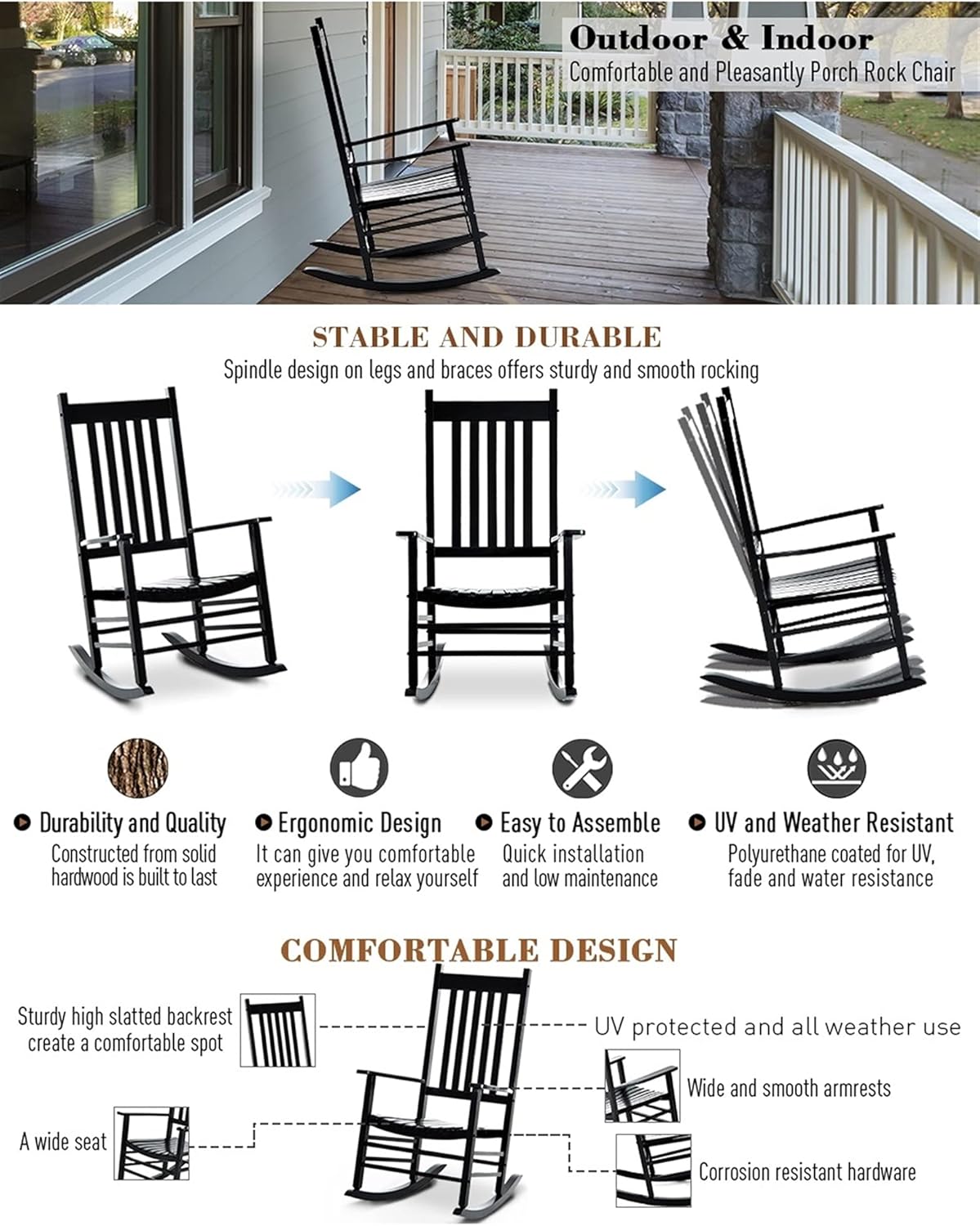Wooden Outside Rocking Chair With Ergonomic Design features