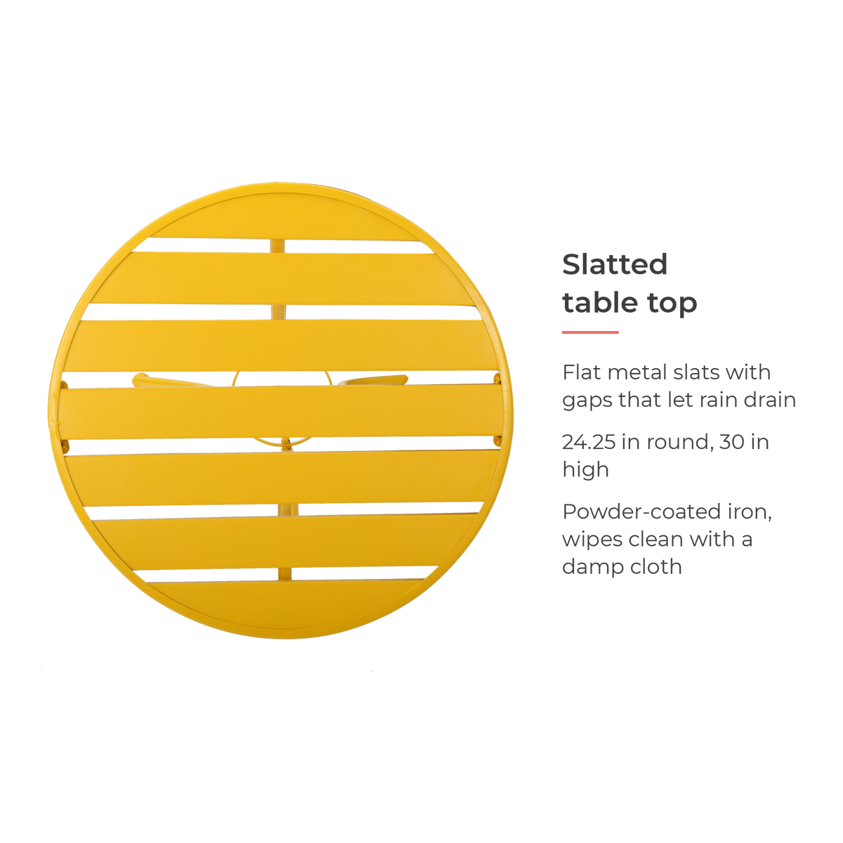 Slatted table top feature card for the yellow metal bistro set (feature callout)