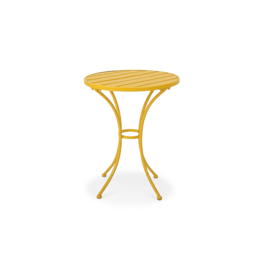 Yellow round slatted bistro table of the outdoor metal bistro set, four curved legs and a ring brace
