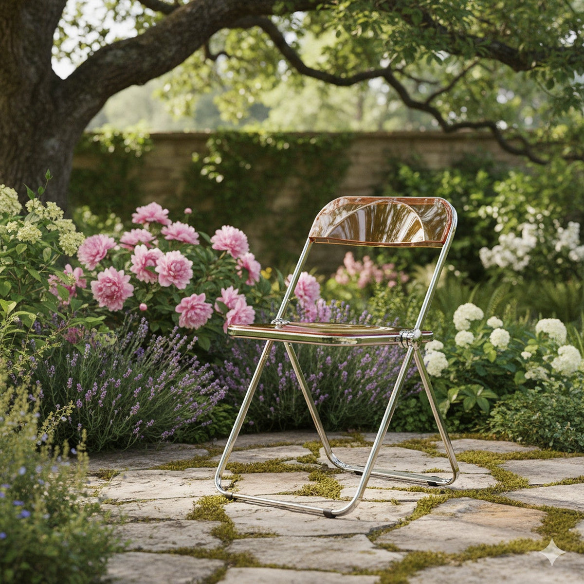 Clear folding chair on a stone garden path among flowering shrubs