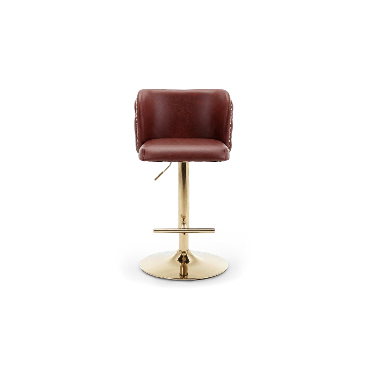 Gold swivel bar stool in burgundy PU leather, straight front view