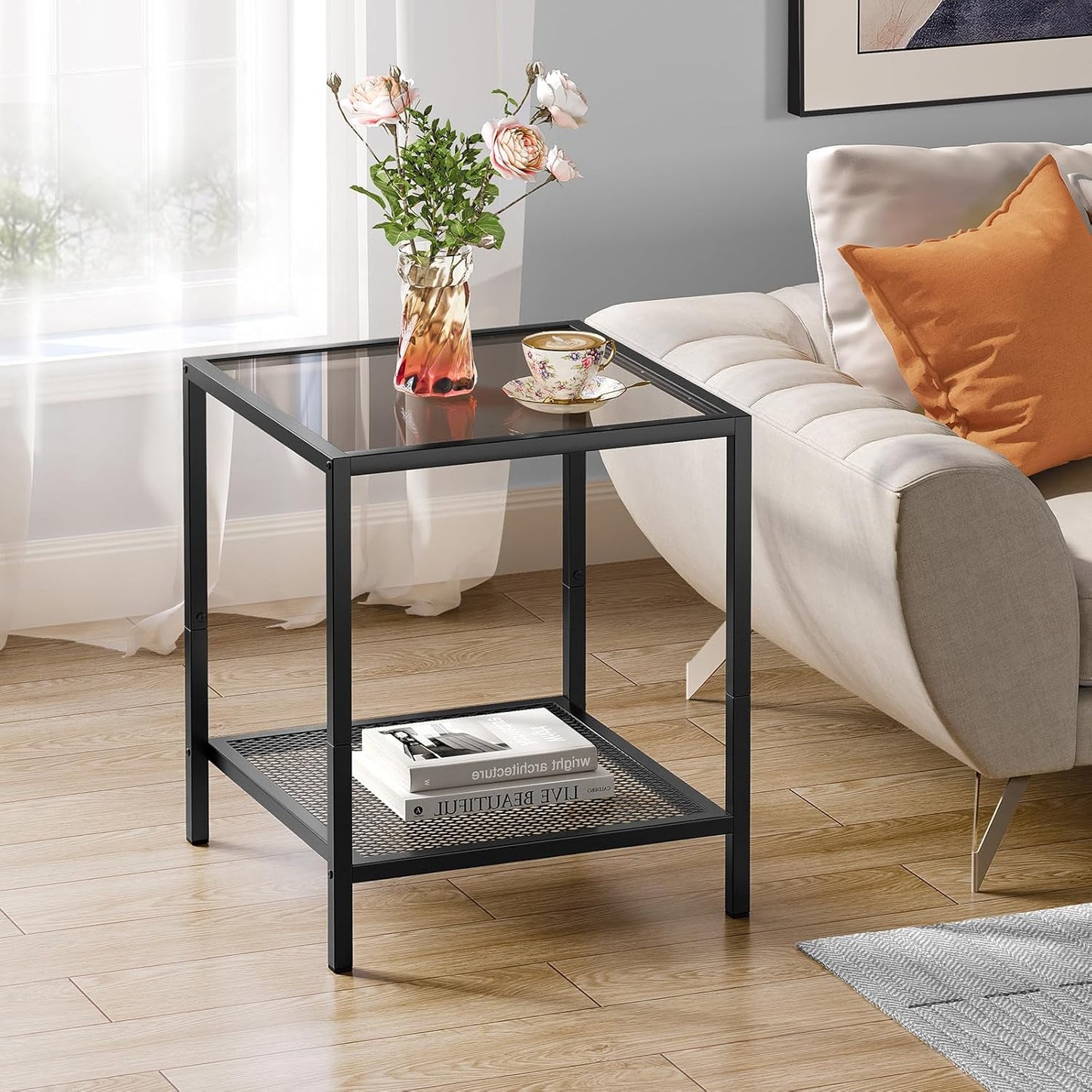 Coffee Table with Storage Modern Glass Coffee Tables Square Industrial Simple Center Table for Living Room Home Office Small Space 27.6 X 27.6 X 17.7 Inches Easy Assembly Gray Black