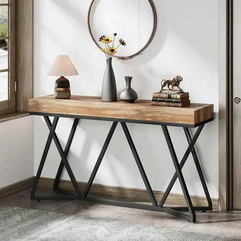 Farmhouse Console Table with Unique Metal Base