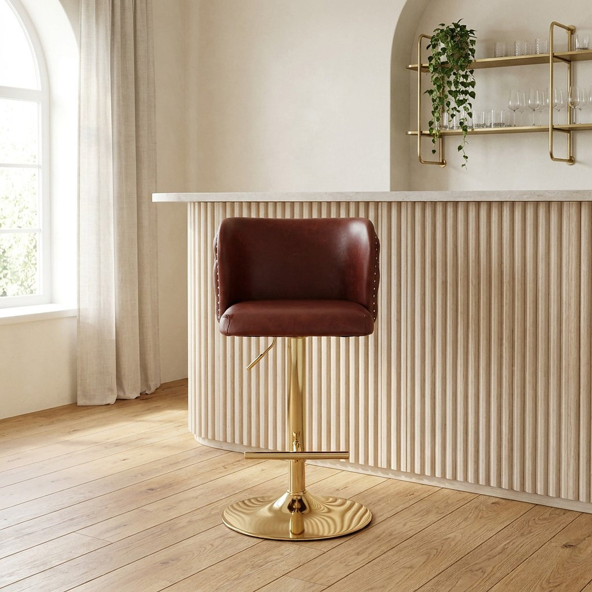 Burgundy adjustable height counter stool at the same fluted oak breakfast bar, closer view