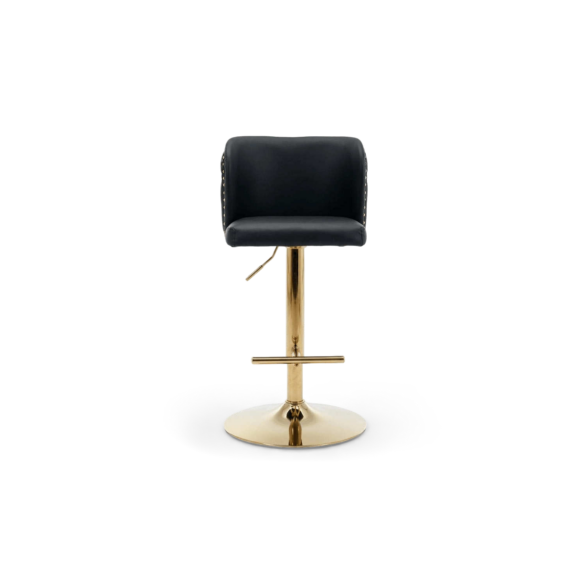 Black PU leather gold swivel bar stool, straight front view