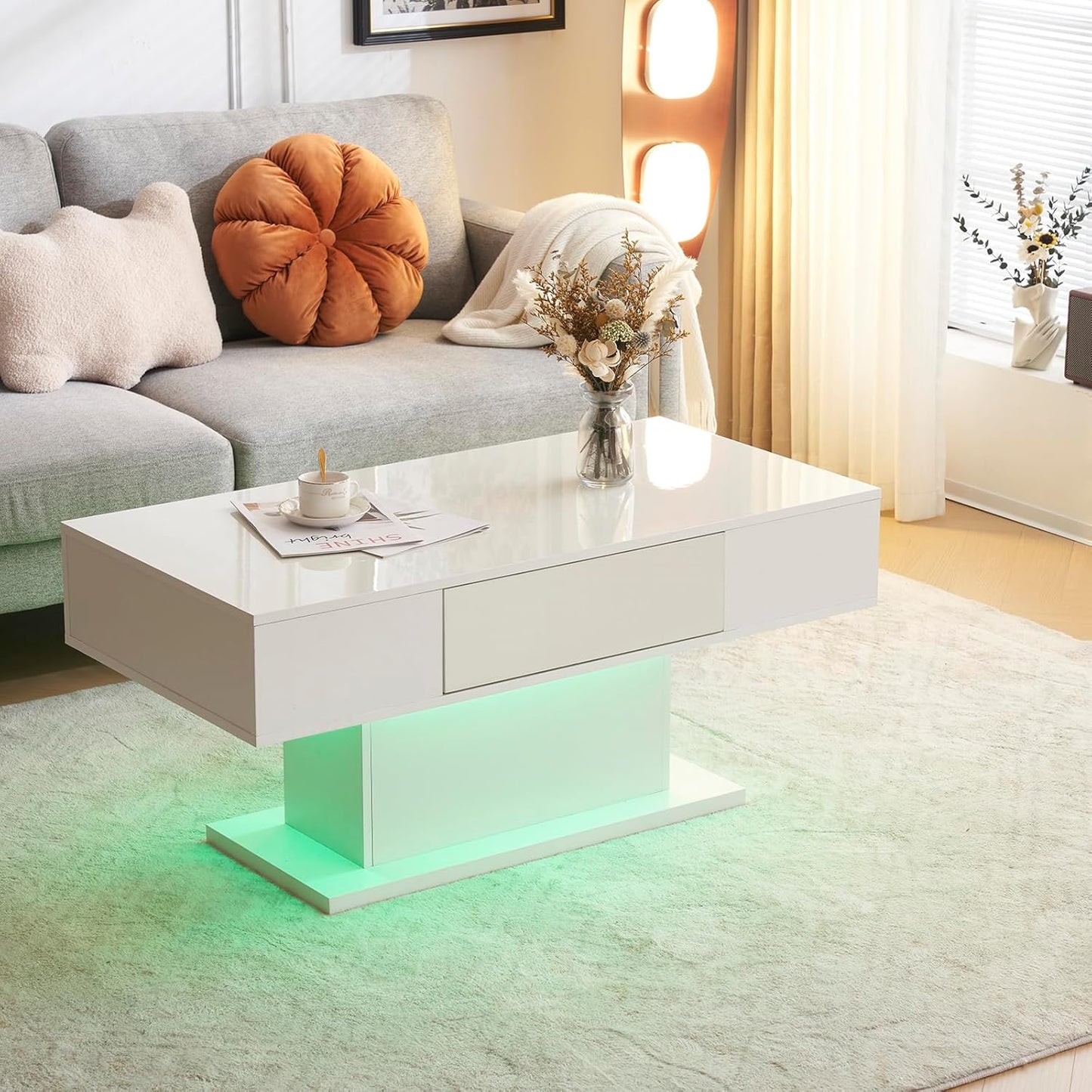 16-Color Dimmable LED Coffee Table with Drawers