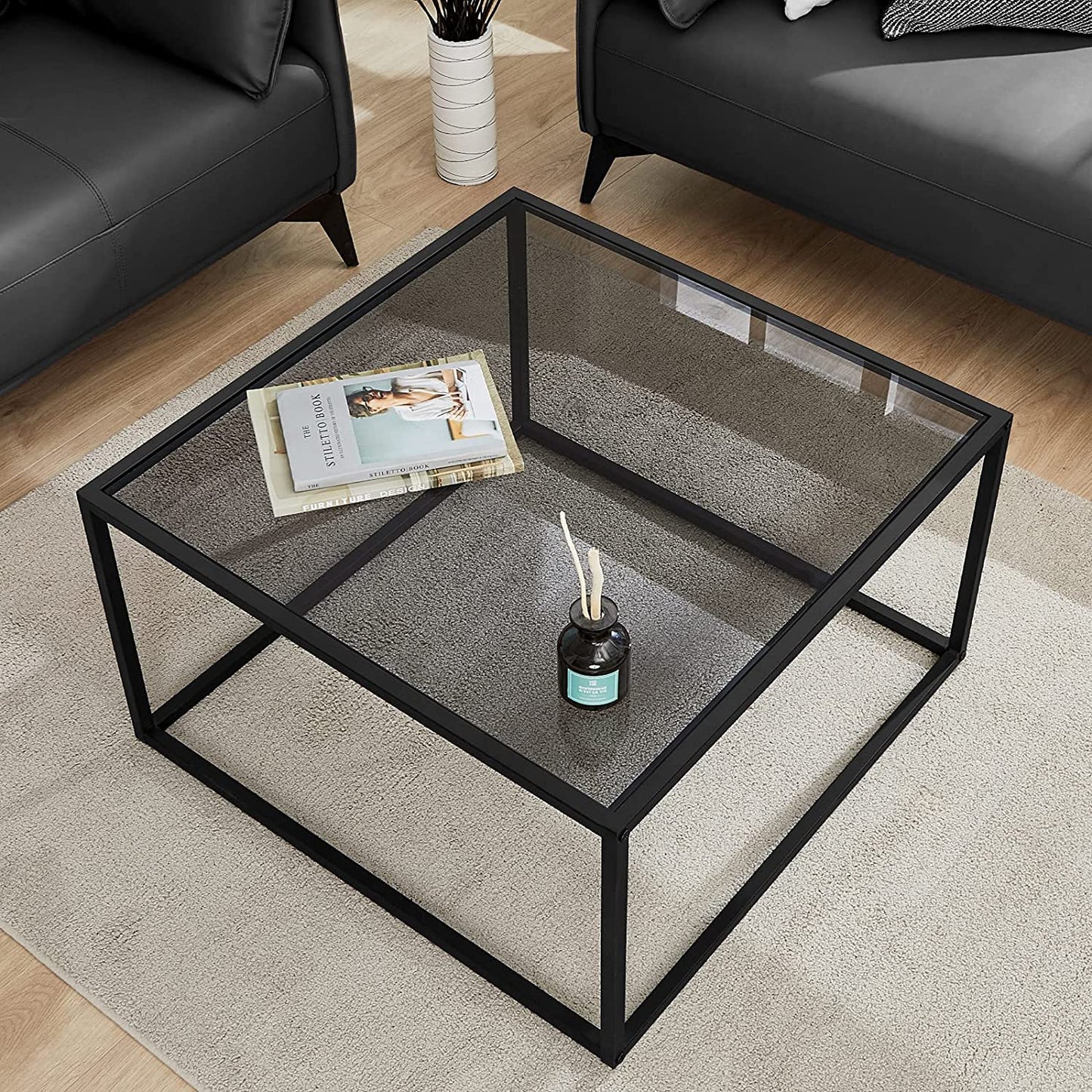 Coffee Table with Storage Modern Glass Coffee Tables Square Industrial Simple Center Table for Living Room Home Office Small Space 27.6 X 27.6 X 17.7 Inches Easy Assembly Gray Black