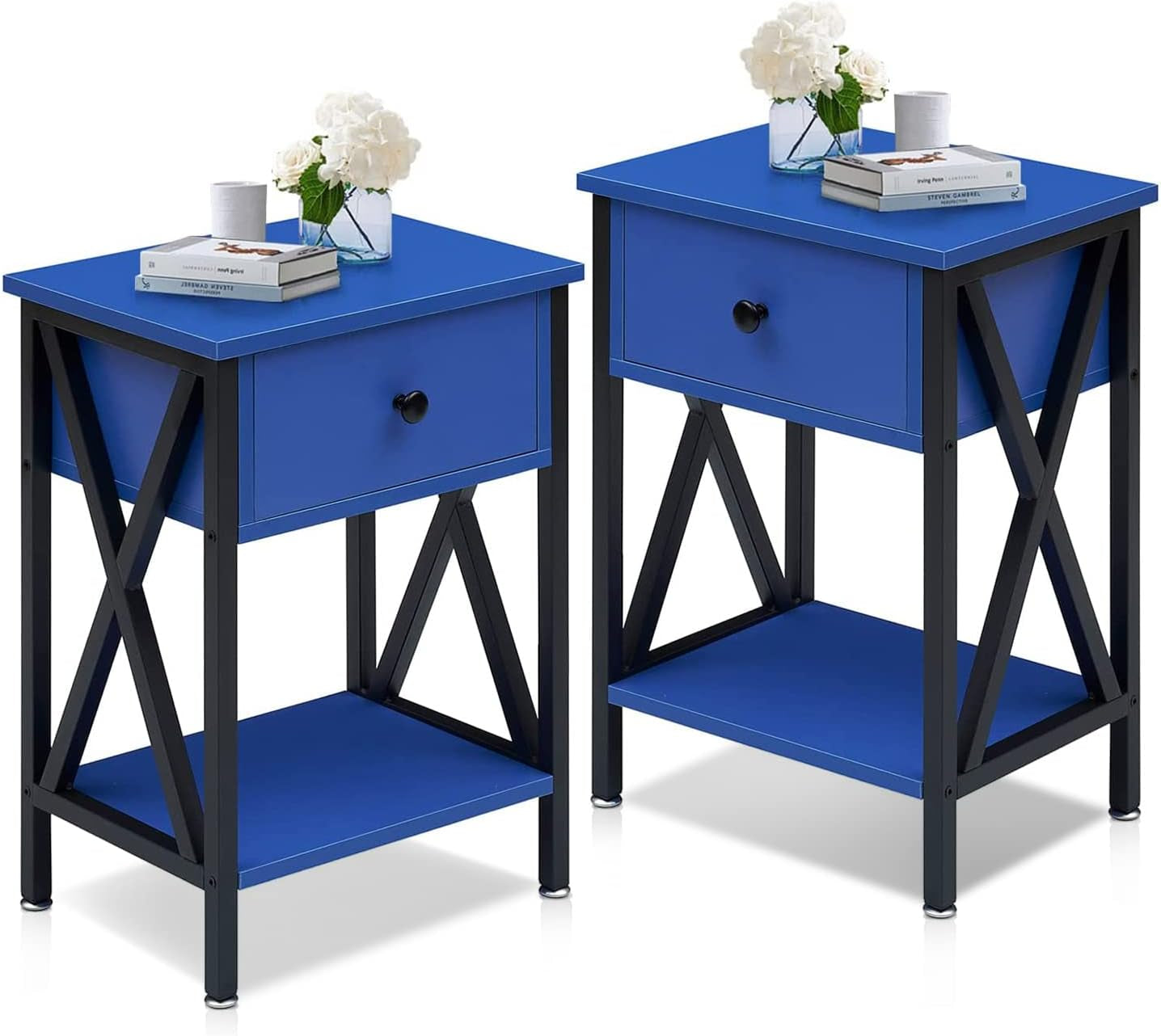 2-Piece X-Design Nightstand | Dark Blue | Drawer & Shelf