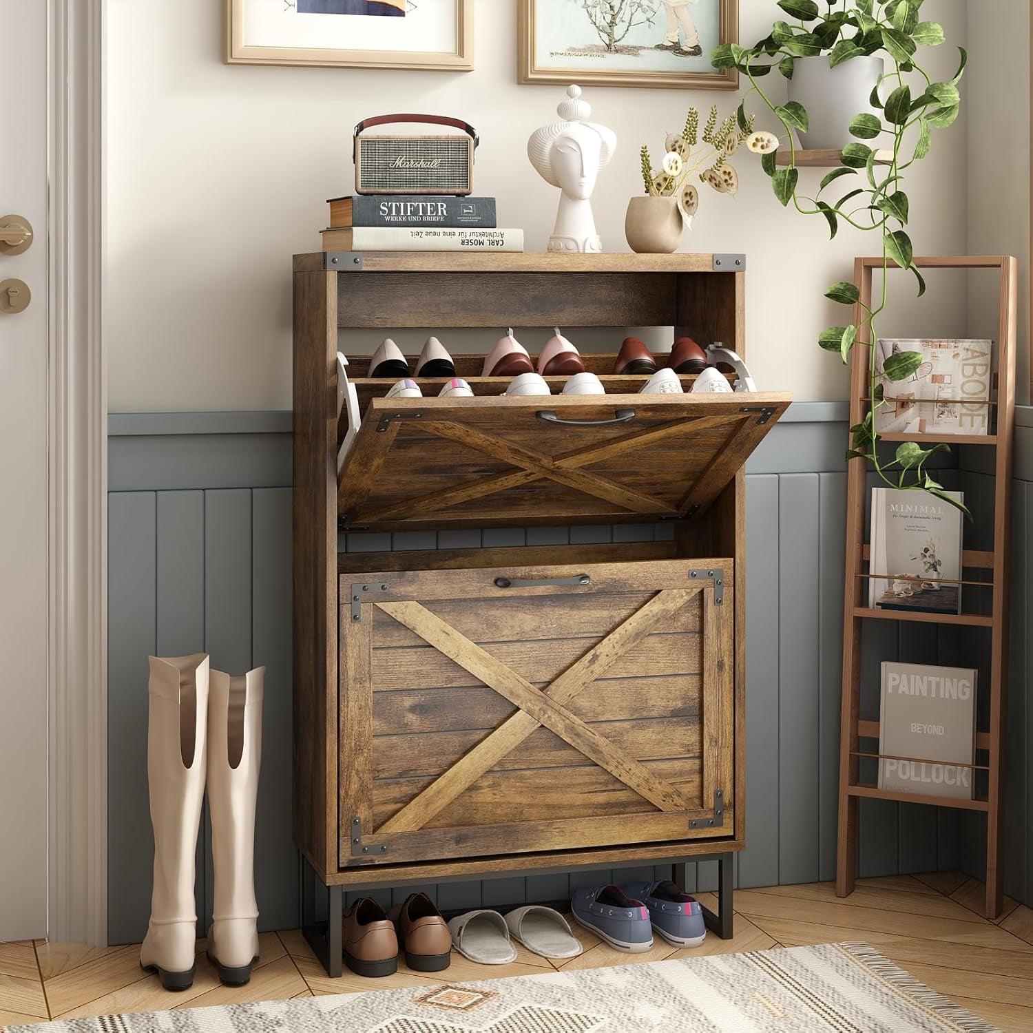 24" W Farmhouse Shoe Cabinet Storage for Entryway, Freestanding Organizer with 2 Flip Drawers, Narrow Shoe Rack Cabinet with Metal Corner Decoration, Rustic Brown