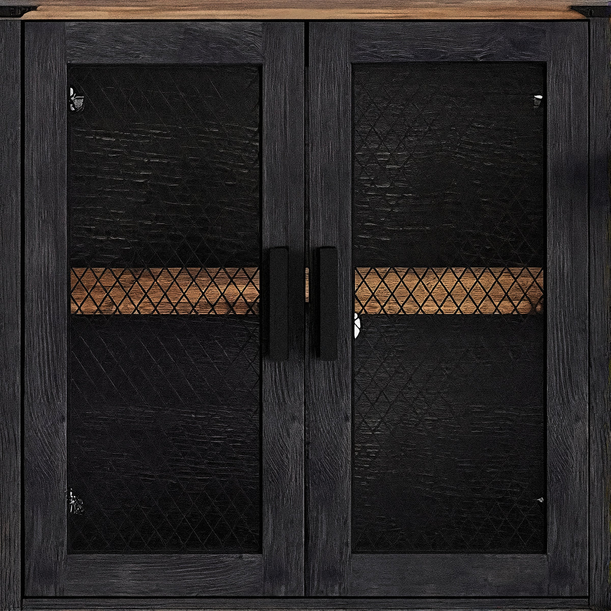 Black metal diamond mesh doors with tall black handles on the 100 inch tv stand (close-up detail)
