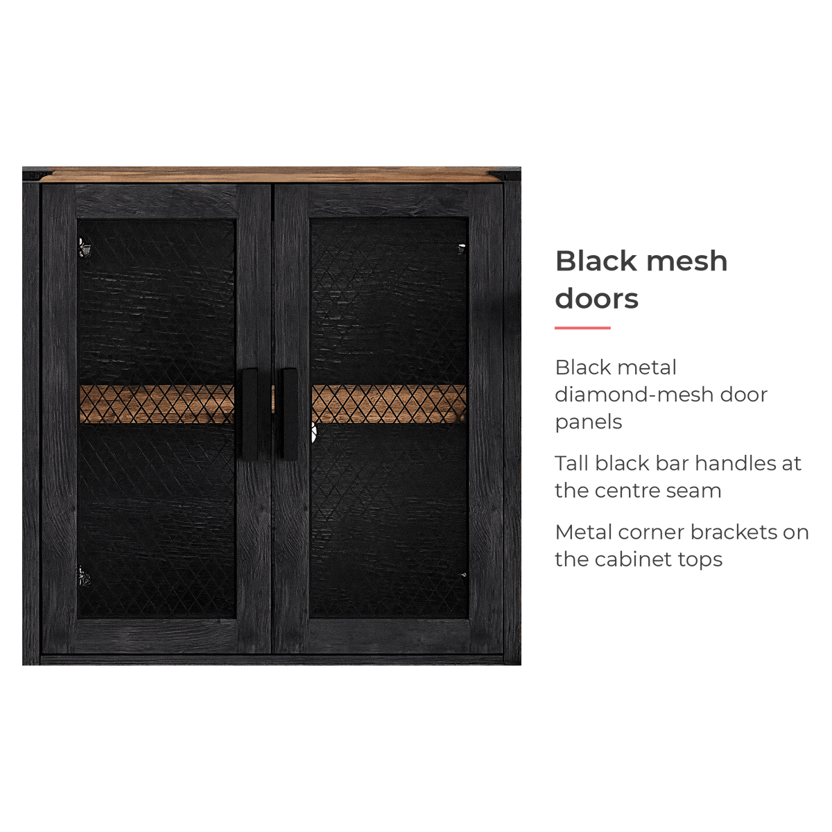 Black mesh doors, tall handles and metal corner brackets on the 100 inch tv stand