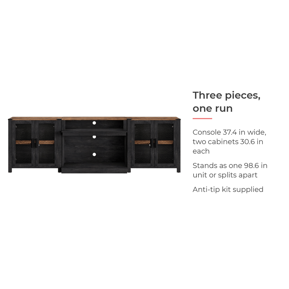 Three pieces of the 100 inch tv stand: console and two side cabinets standing as one run