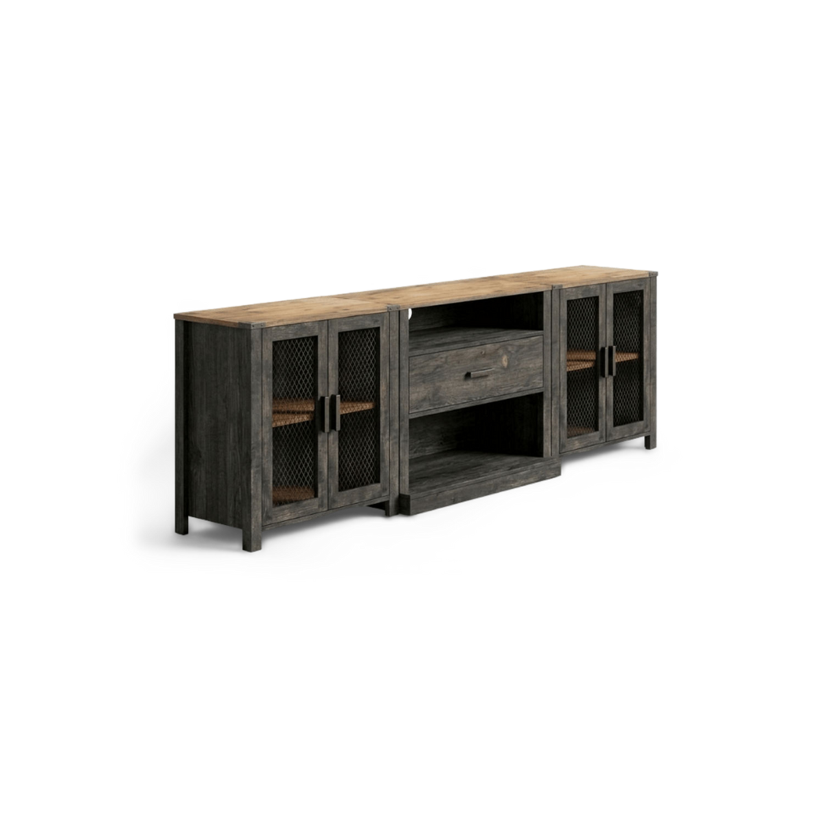 Black 100 inch tv stand with two mesh-door cabinets and a walnut-tone top, three-quarter view