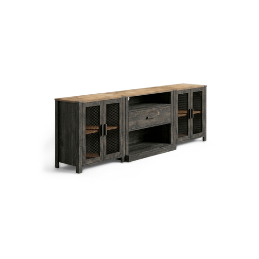 Black 100 inch tv stand with two mesh-door cabinets and a walnut-tone top, three-quarter view
