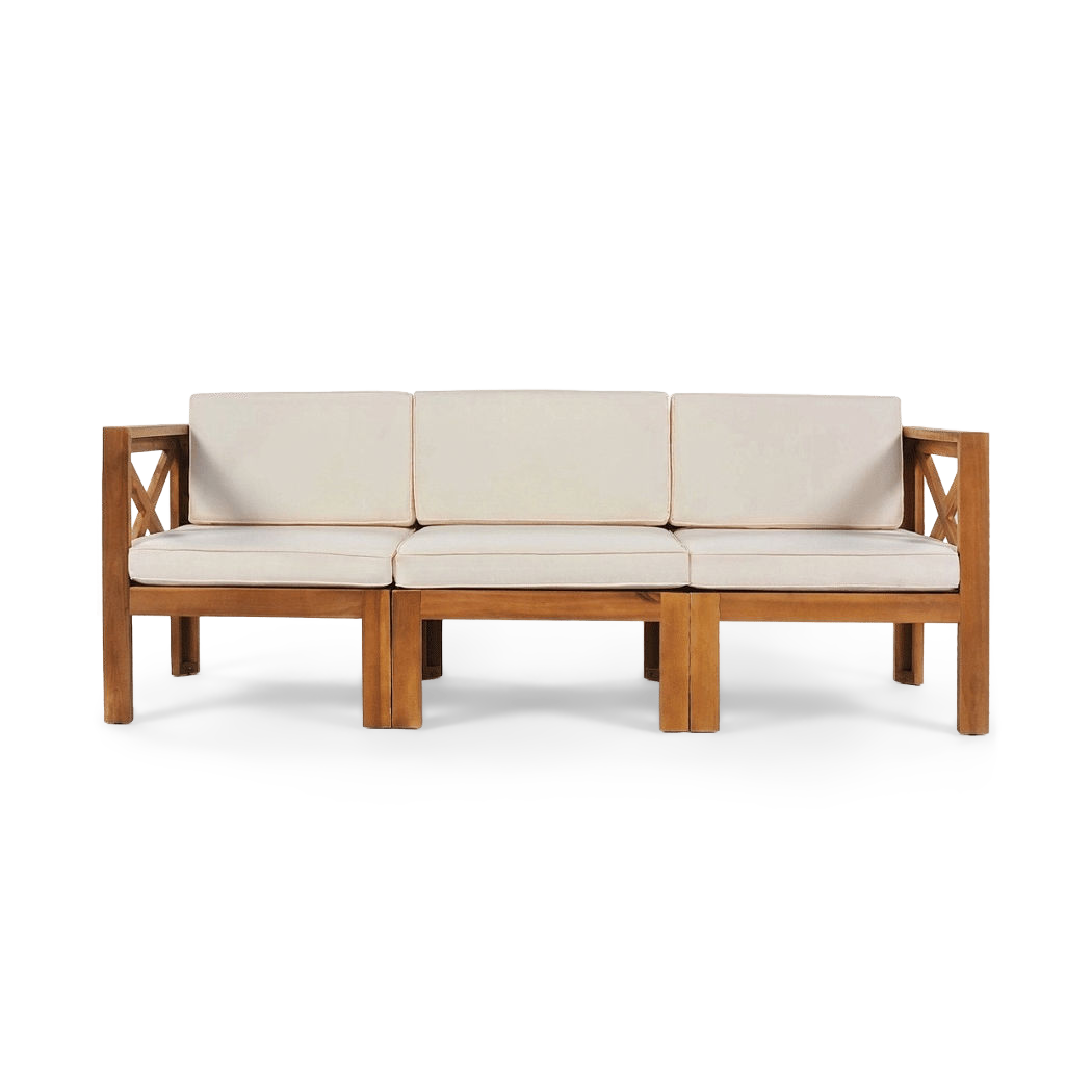 three-seat armless acacia sofa, front view