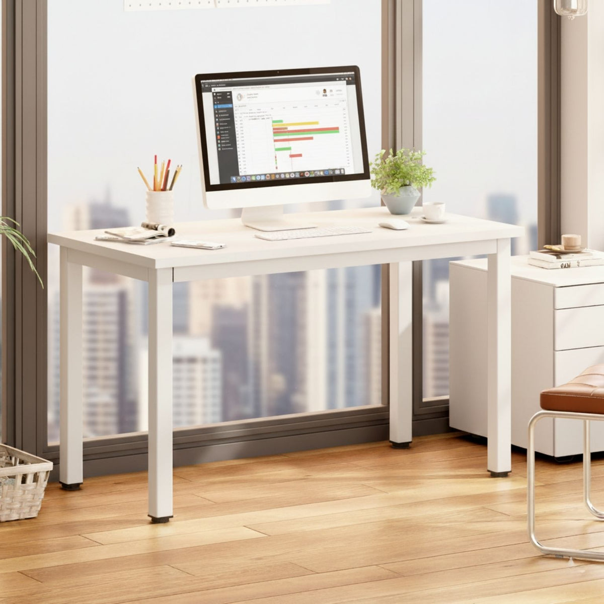 White desk against a window view