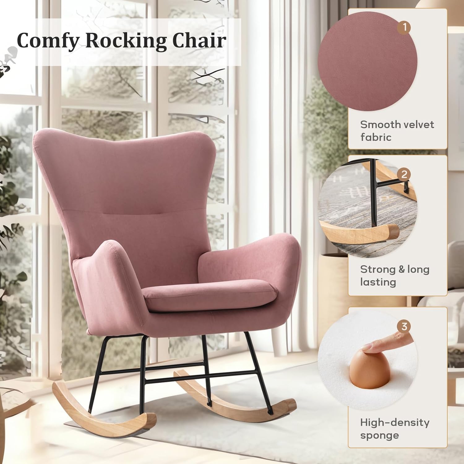 Modern Nursery Rocking Chair with Upholstered Arms