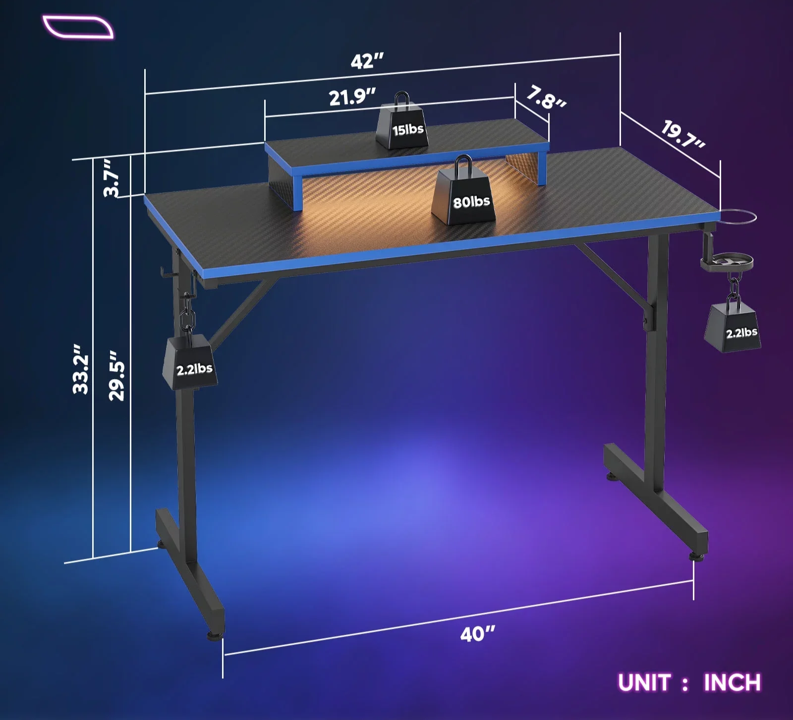 42" Gaming Desk with LED Lights, Monitor Stand, Hook, and Cup Holder