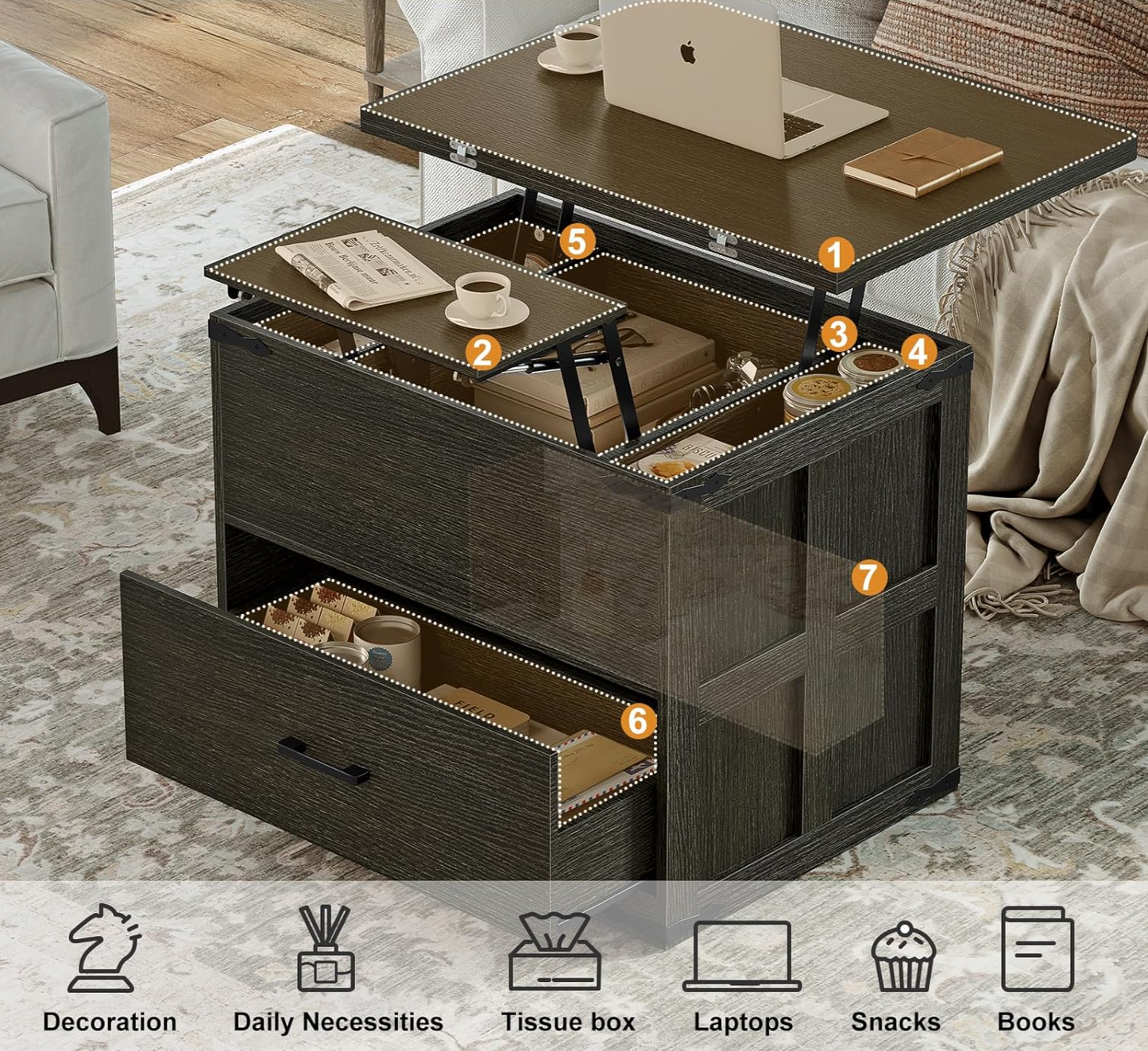 4-in-1 Farmhouse Coffee Table with Lift-Top and Storage