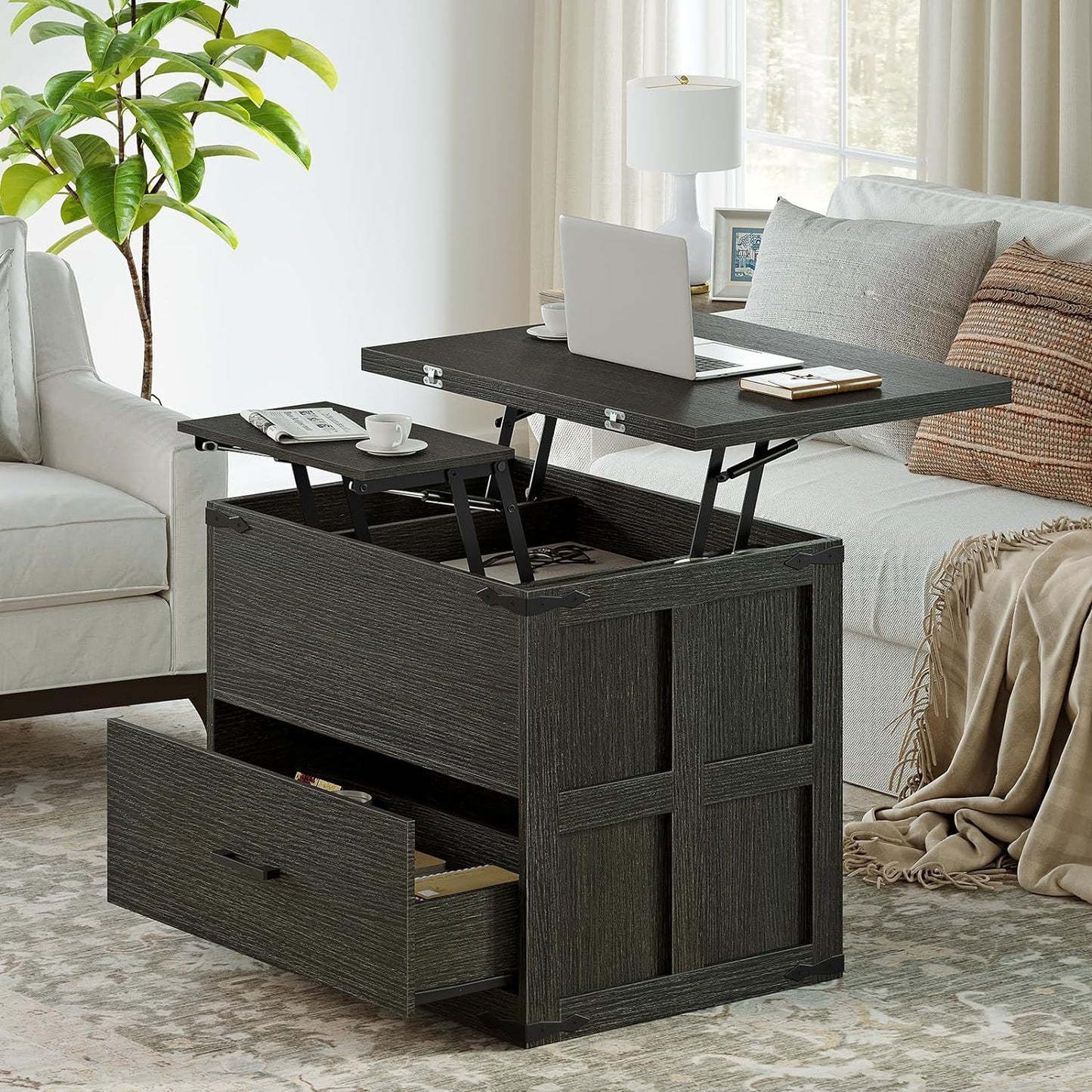 4-in-1 Farmhouse Coffee Table with Lift-Top and Storage