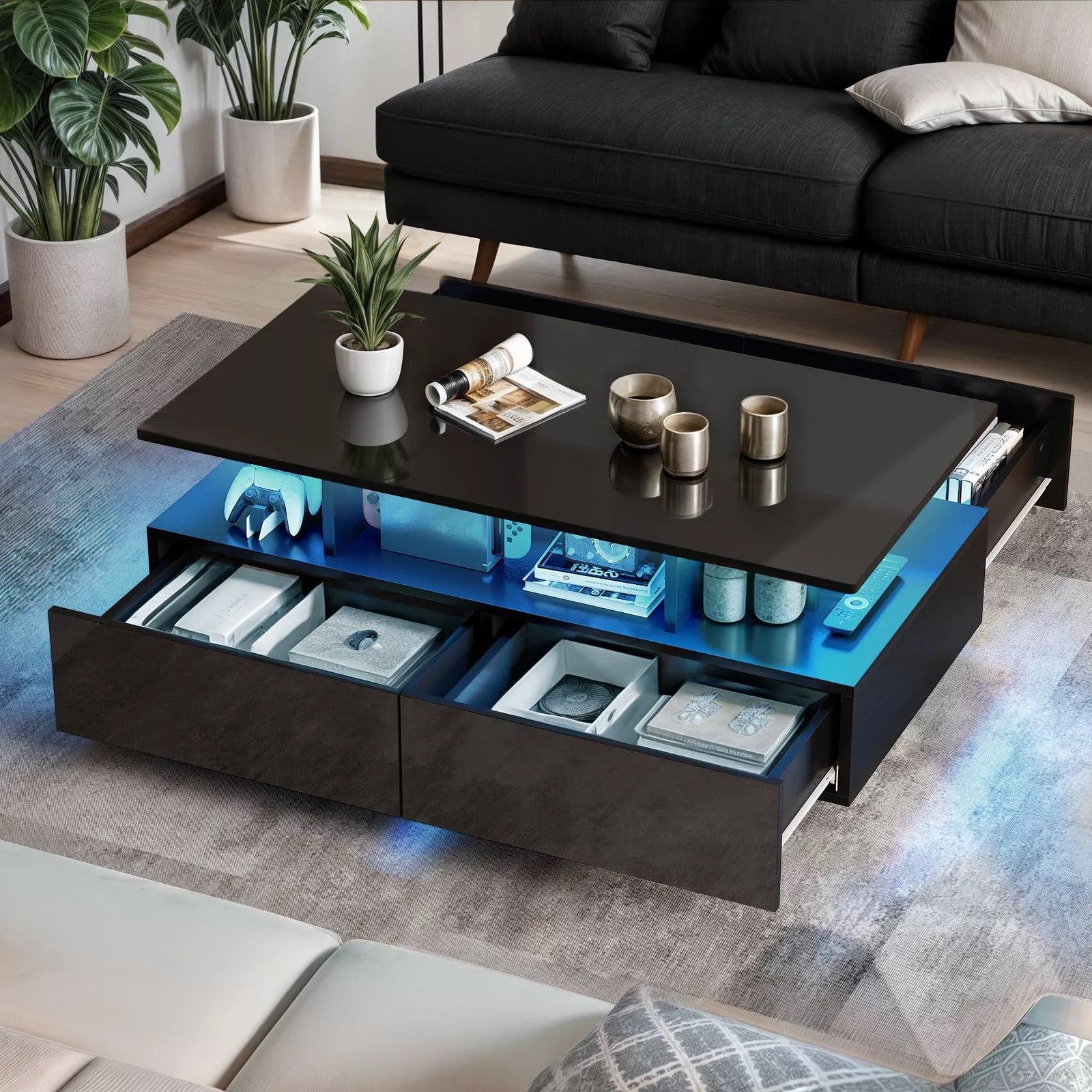 Modern LED Coffee Table with Sliding Drawers