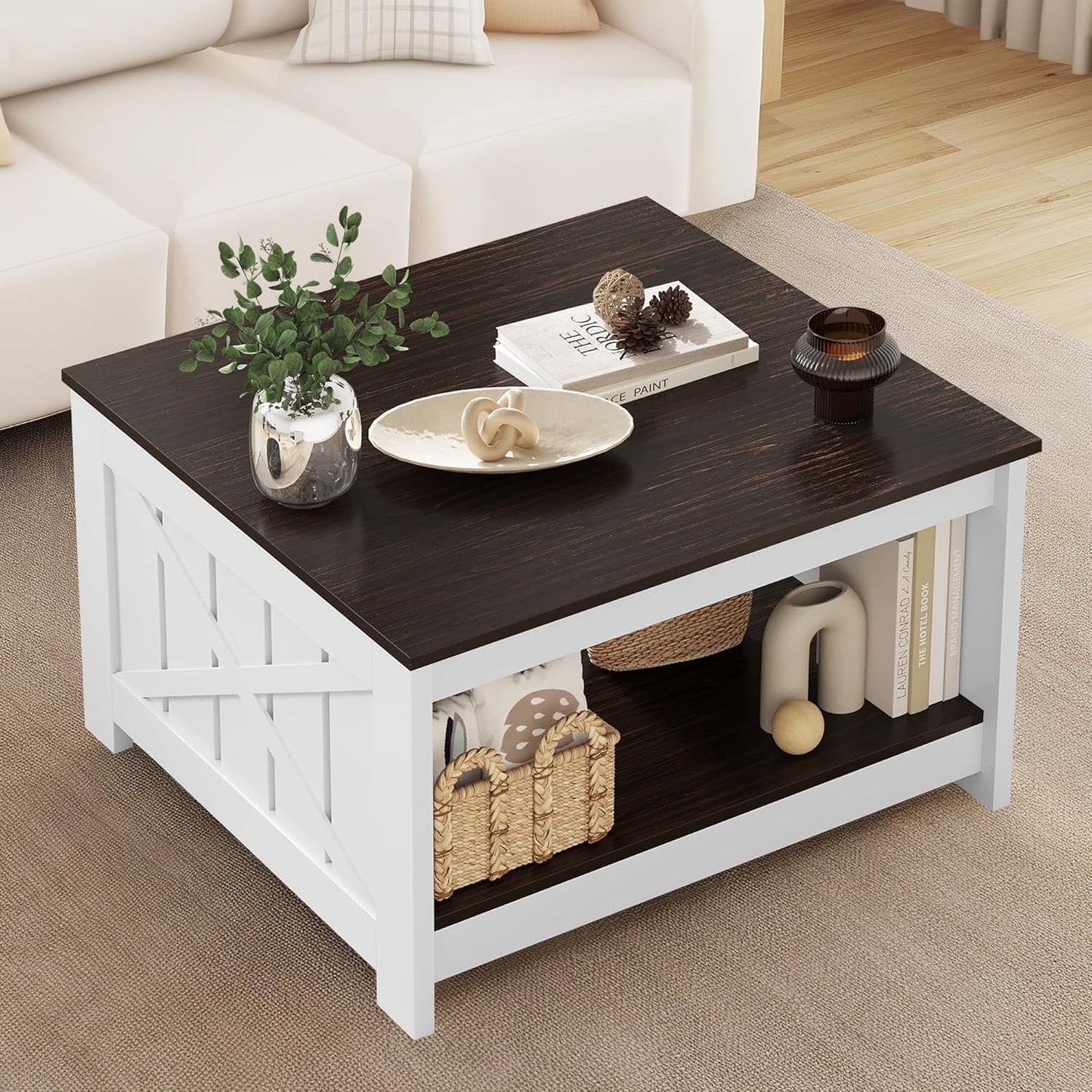 Farmhouse Coffee Table with Storage and Half-Open Compartment