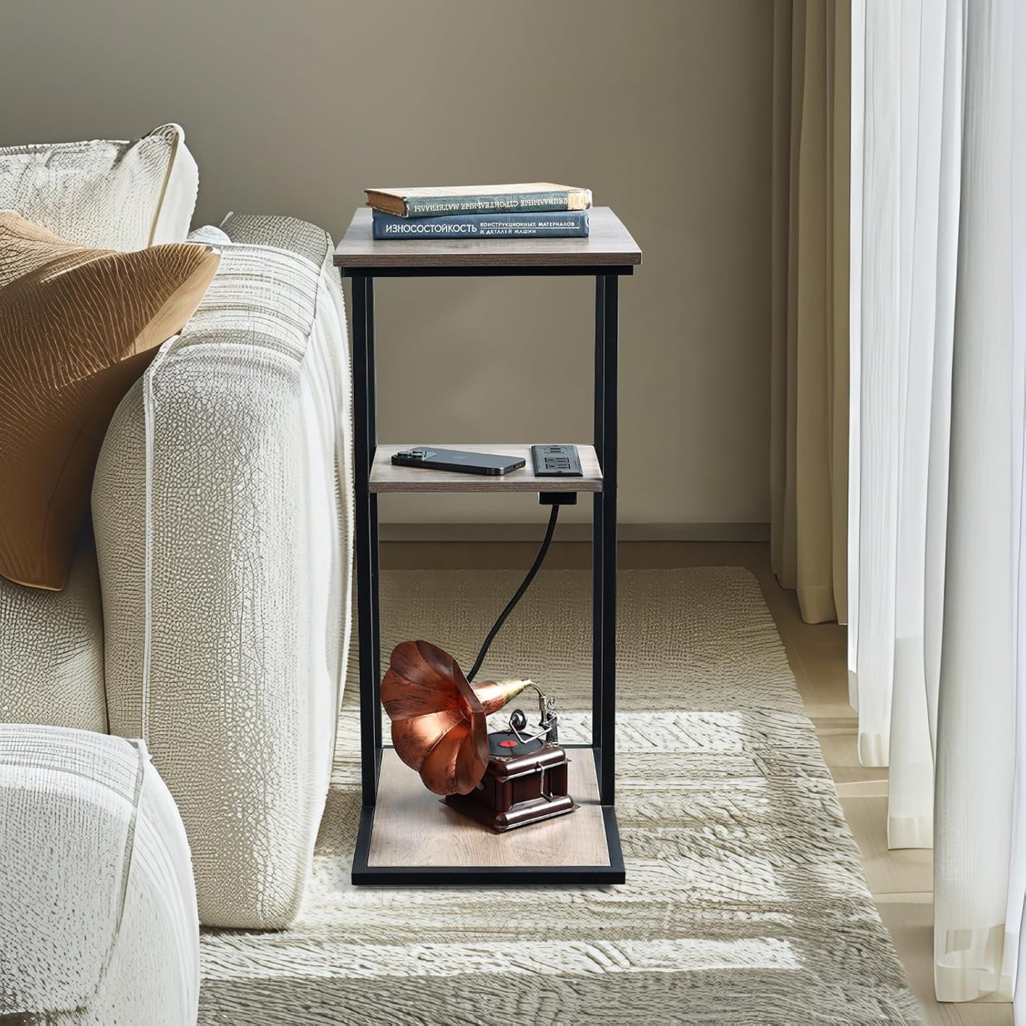 C-Shaped End Table with Charging Station