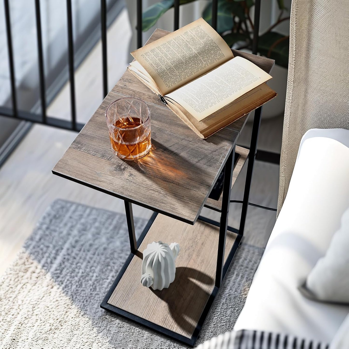 C-Shaped End Table with Charging Station