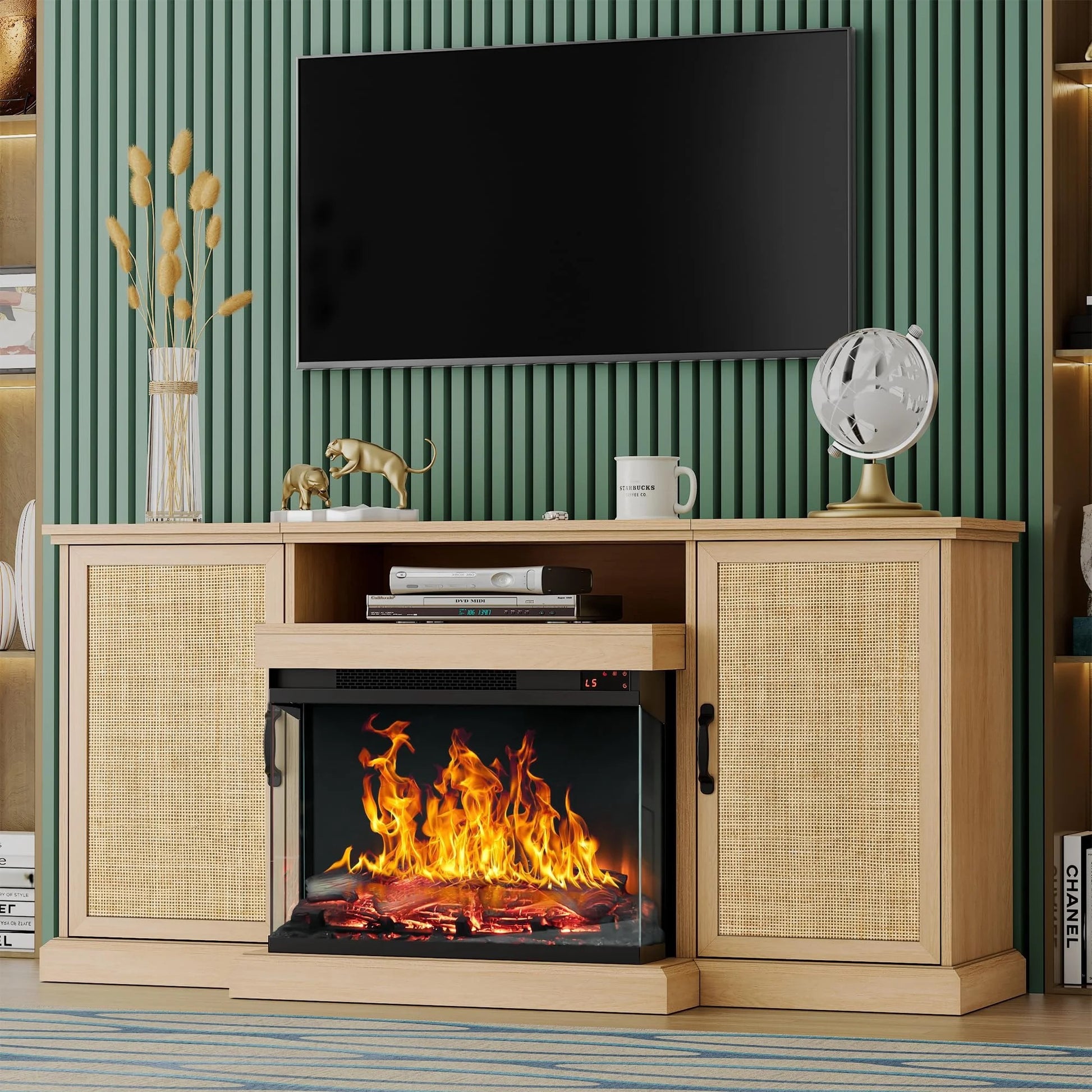 3-Side Glass TV Stand with Rattan Cabinet and Fireplace