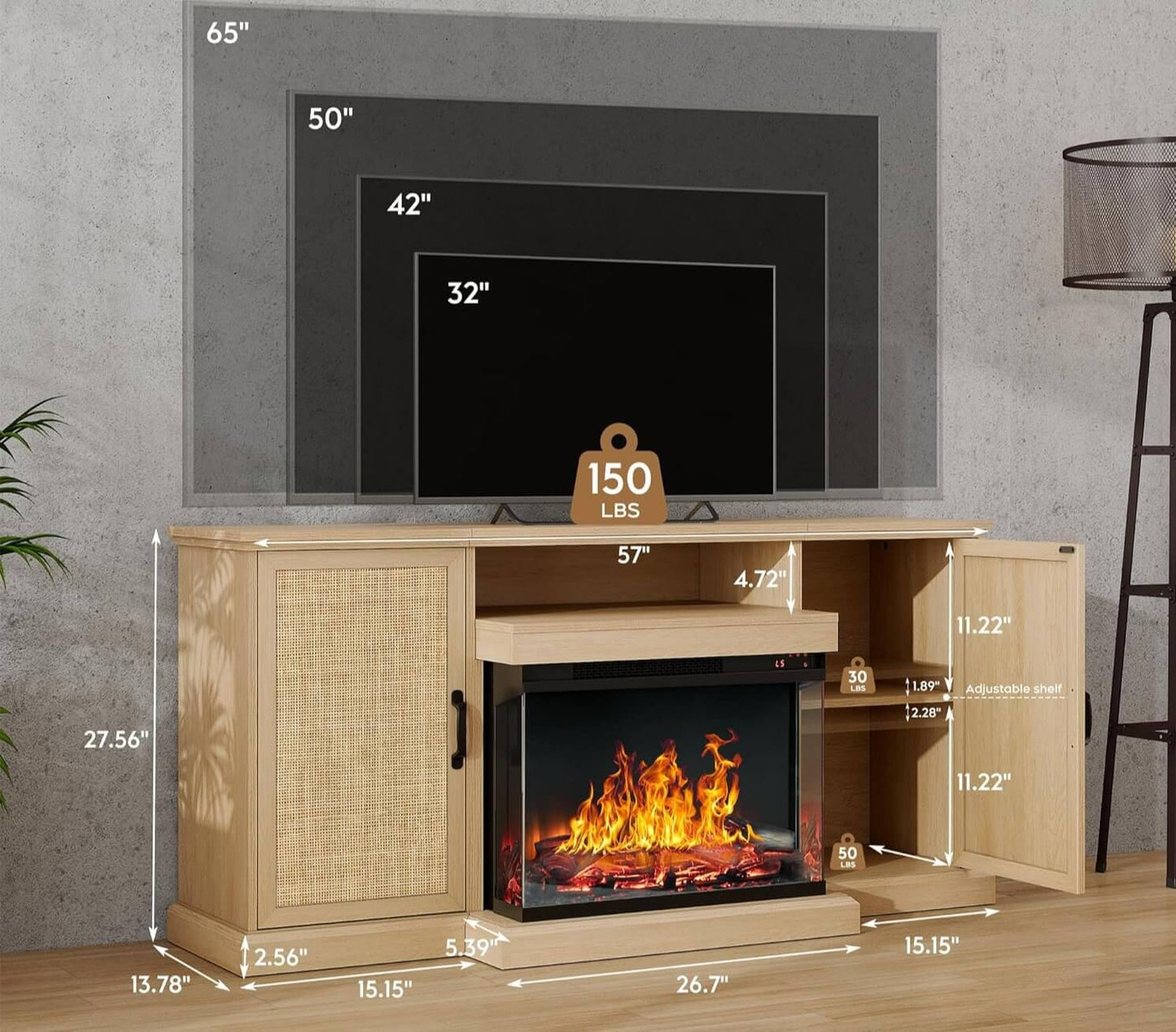 3 - Side Glass TV Stand with Rattan Cabinet and Fireplace