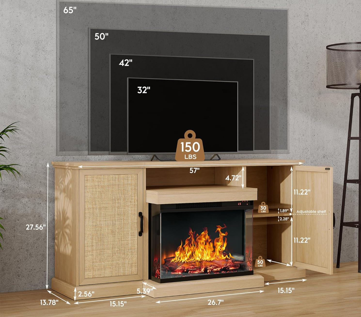 3-Side Glass TV Stand with Rattan Cabinet and Fireplace