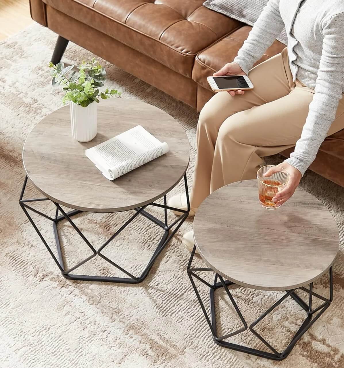 2 - Piece Round Coffee Table Set with Steel Frame