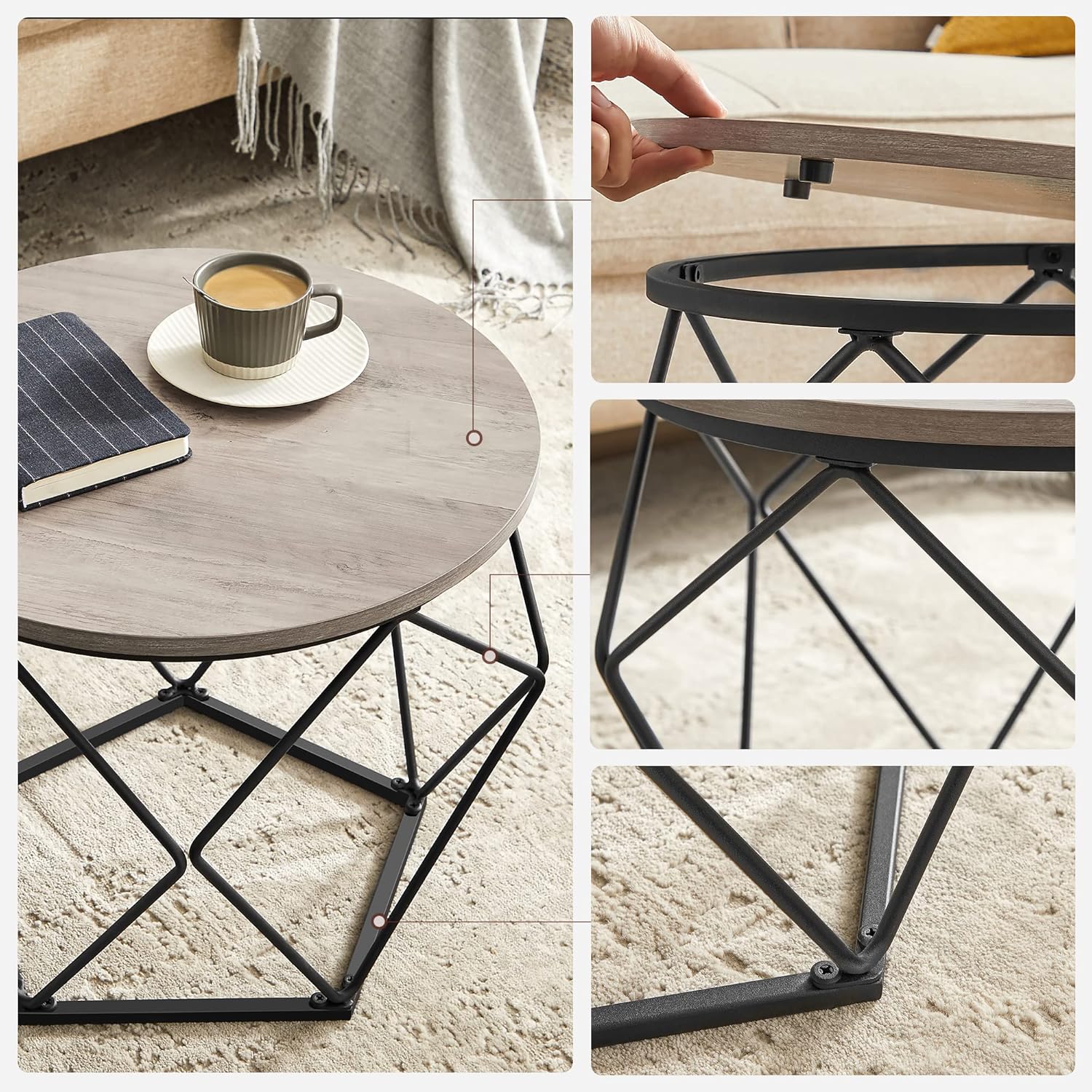 2-Piece Round Coffee Table Set with Steel Frame