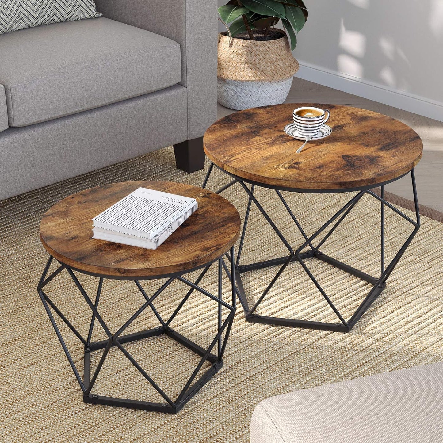 2-Piece Round Coffee Table Set with Steel Frame