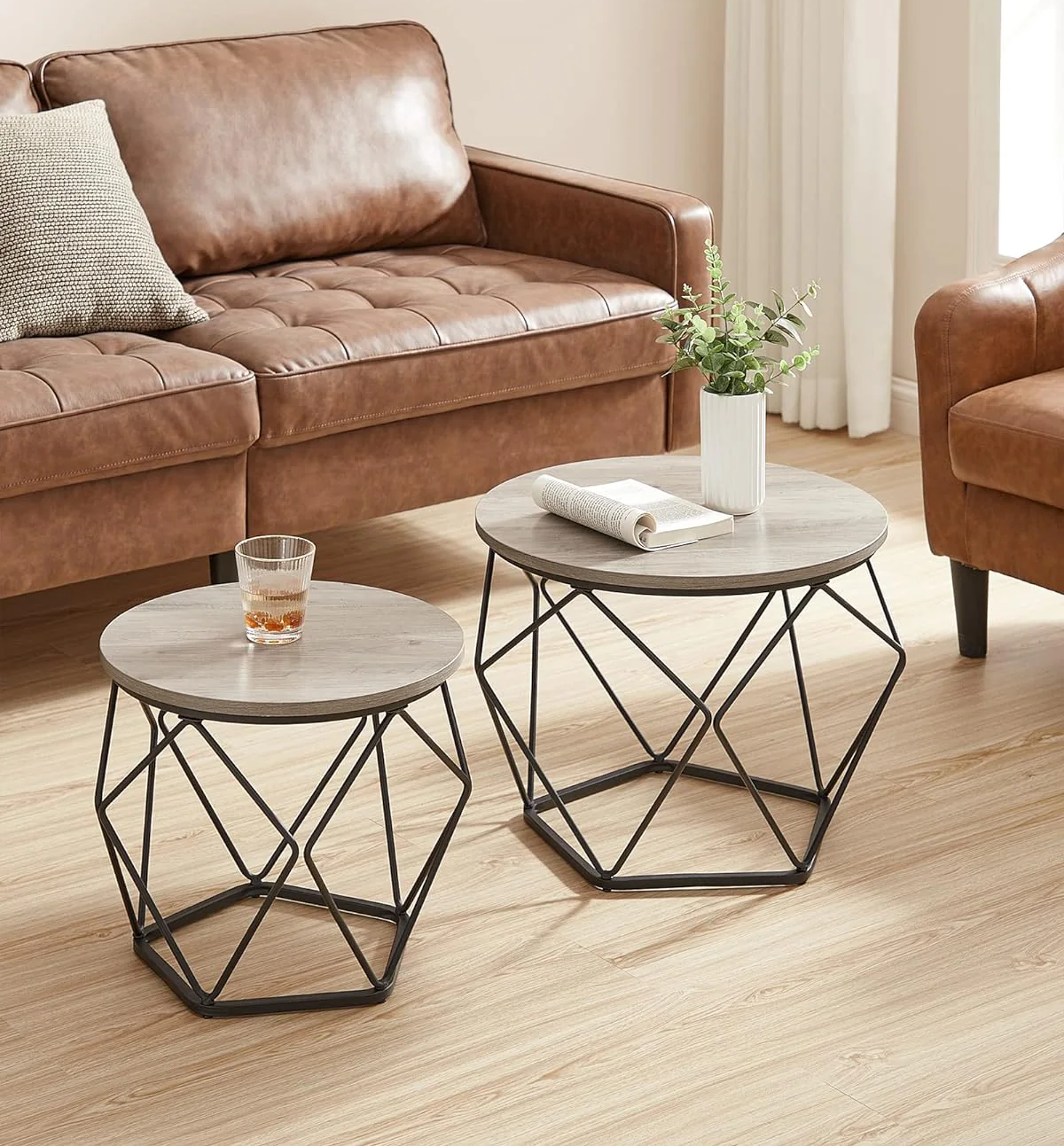 2-Piece Round Coffee Table Set with Steel Frame