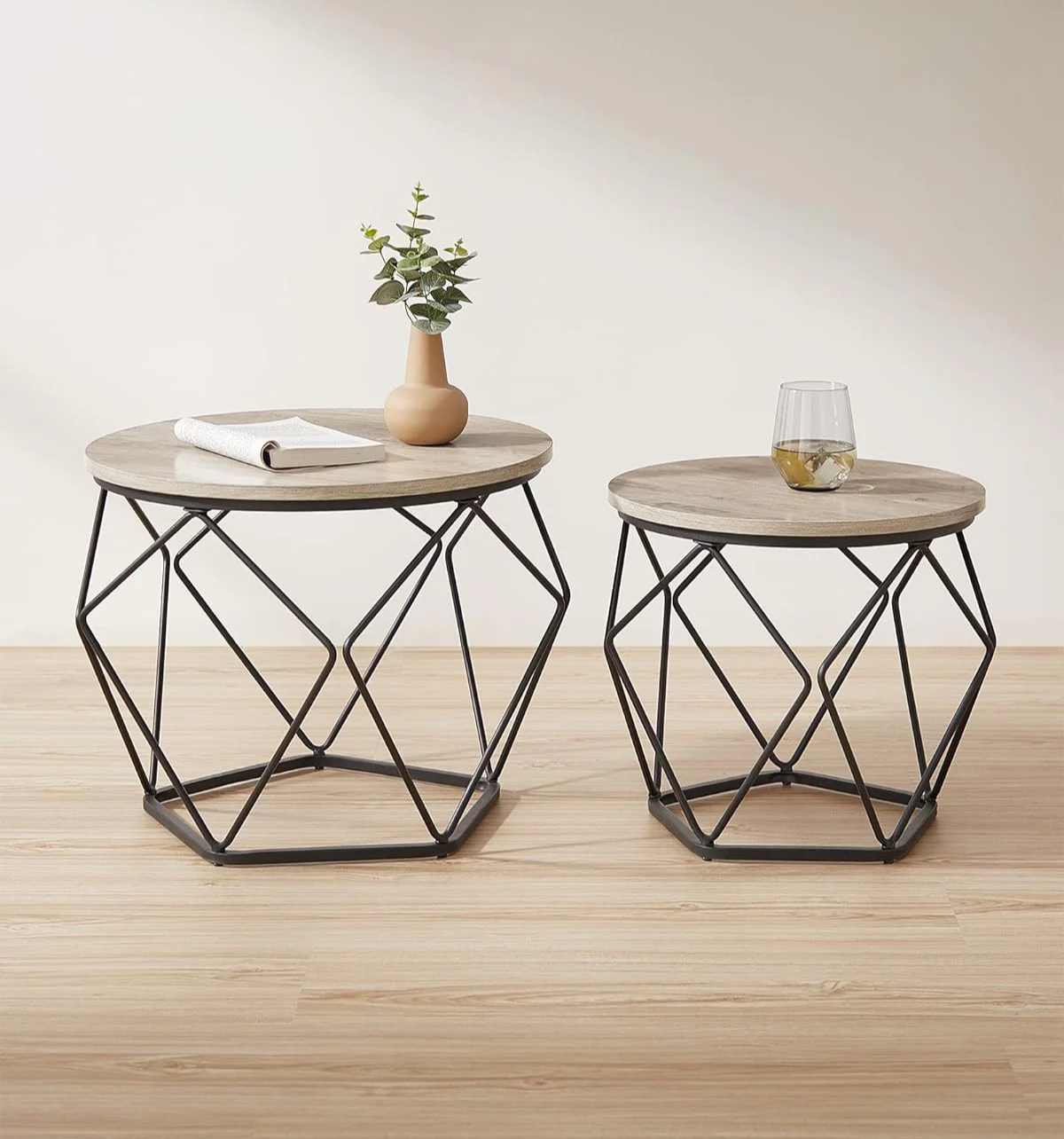 2-Piece Round Coffee Table Set with Steel Frame