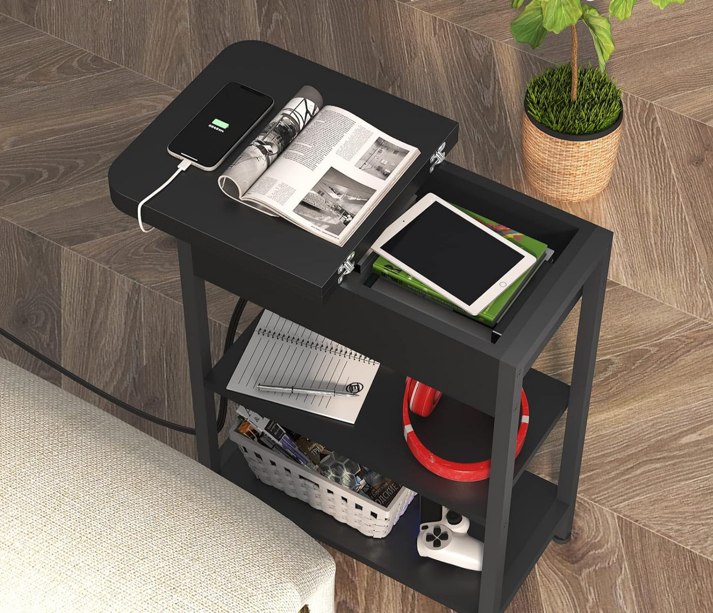 Versatile Charging Nightstand with Flip-Top Storage