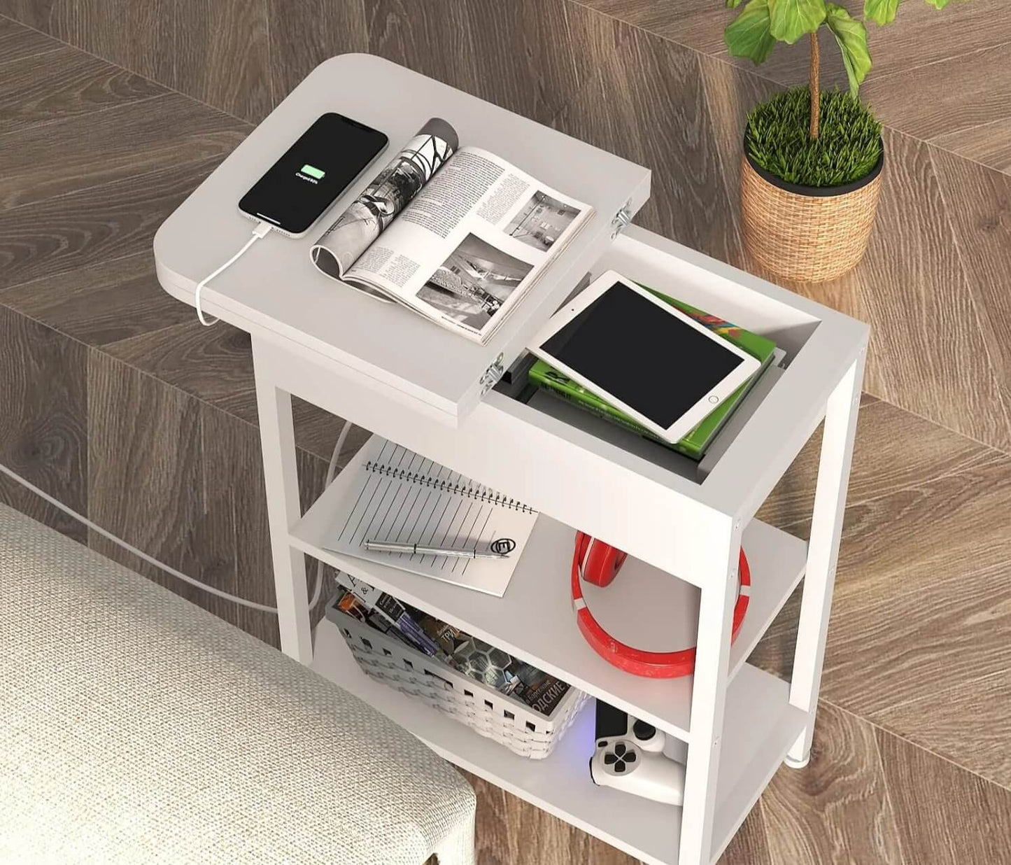 Versatile Charging Nightstand with Flip-Top Storage