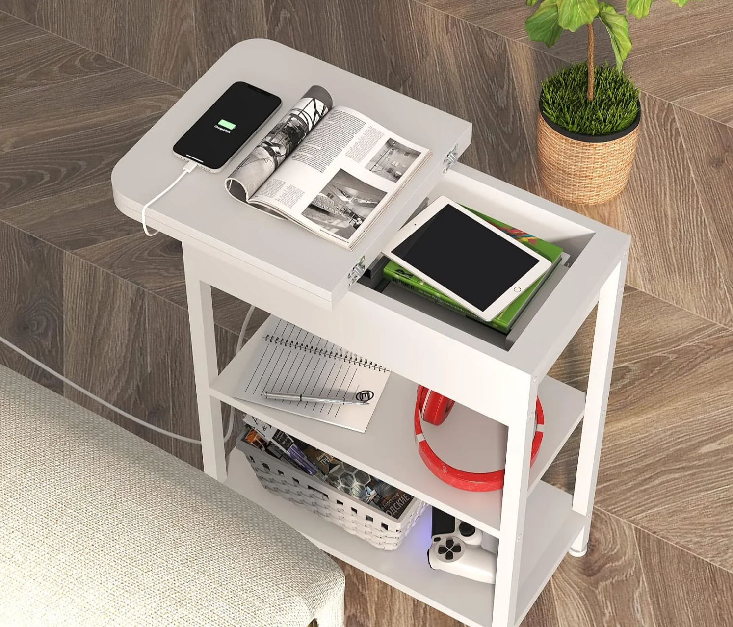 Versatile Charging Nightstand with Flip-Top Storage