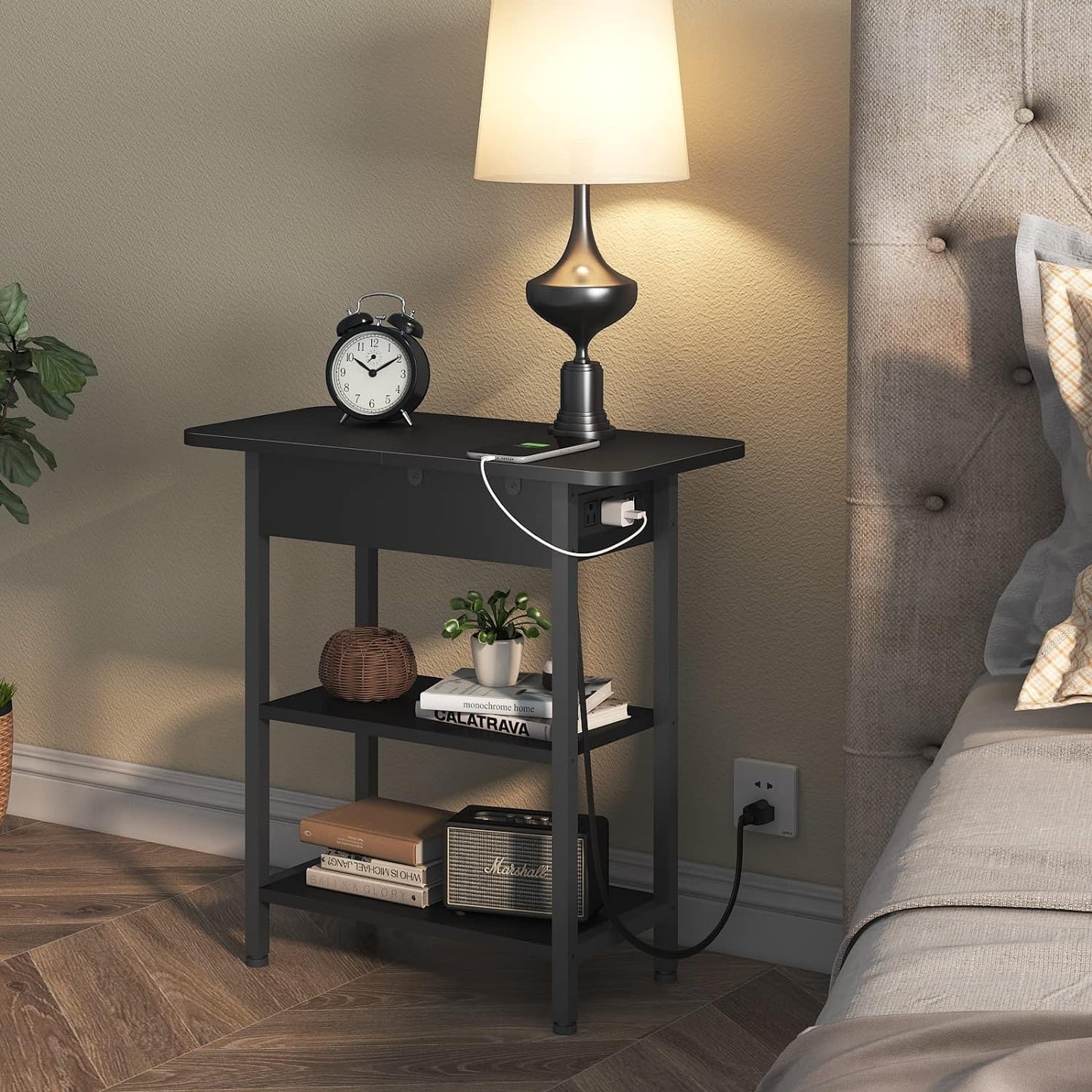 Versatile Charging Nightstand with Flip-Top Storage