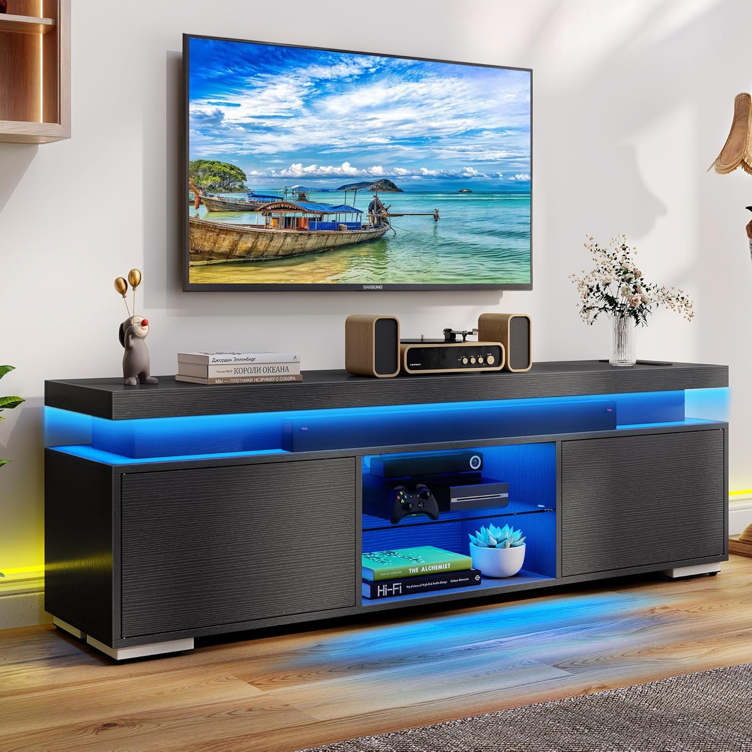 Black-Modern TV Stand with Double Barn Doors for 65" TVs