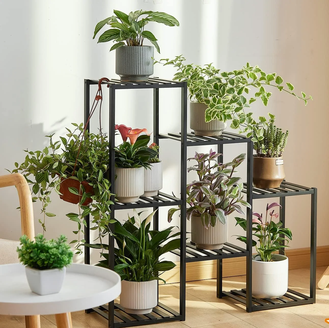 Plant Stand Indoor Plant Stands Bamboo Outdoor Tiered Plant Shelf for Multiple Plants, 3 Tiers 7 Potted Ladder Plant Holder Table Plant Pot Stand for Window Garden Balcony Living Room Corner (Black)