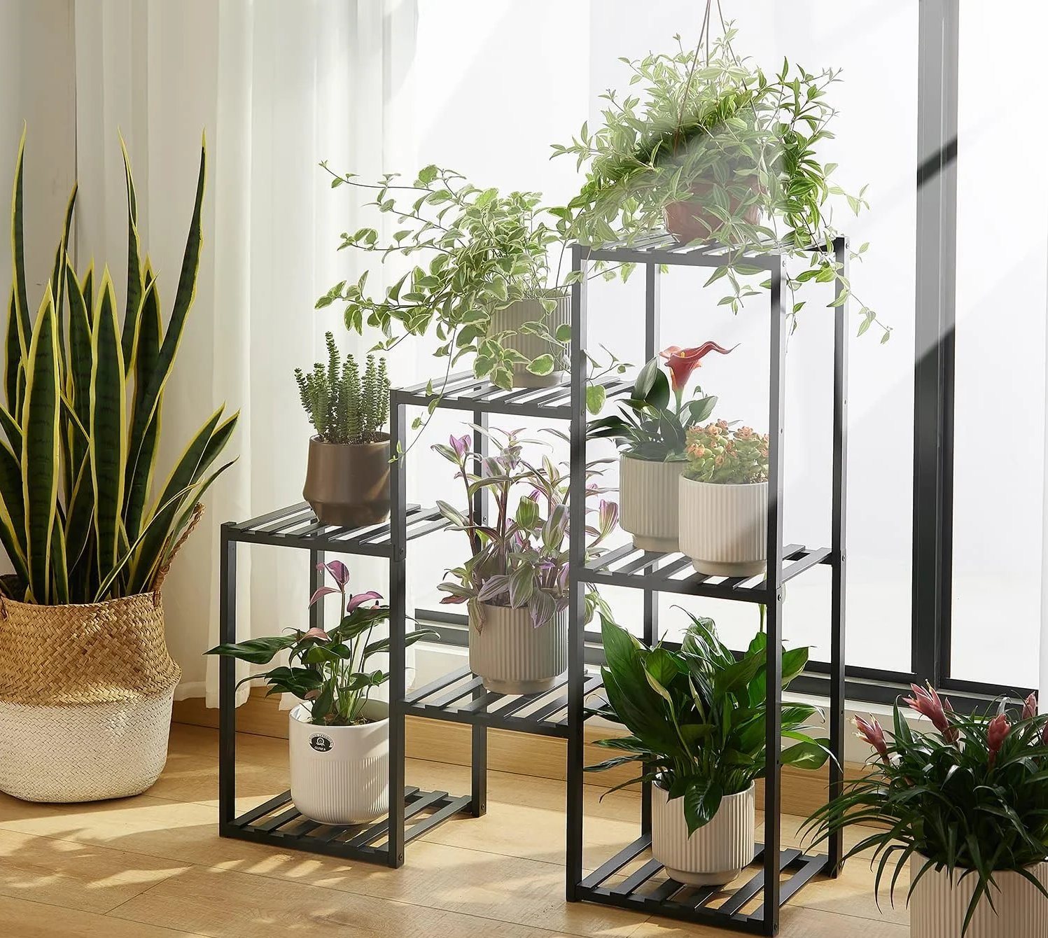 Plant Stand Indoor Plant Stands Bamboo Outdoor Tiered Plant Shelf for Multiple Plants, 3 Tiers 7 Potted Ladder Plant Holder Table Plant Pot Stand for Window Garden Balcony Living Room Corner (Black)