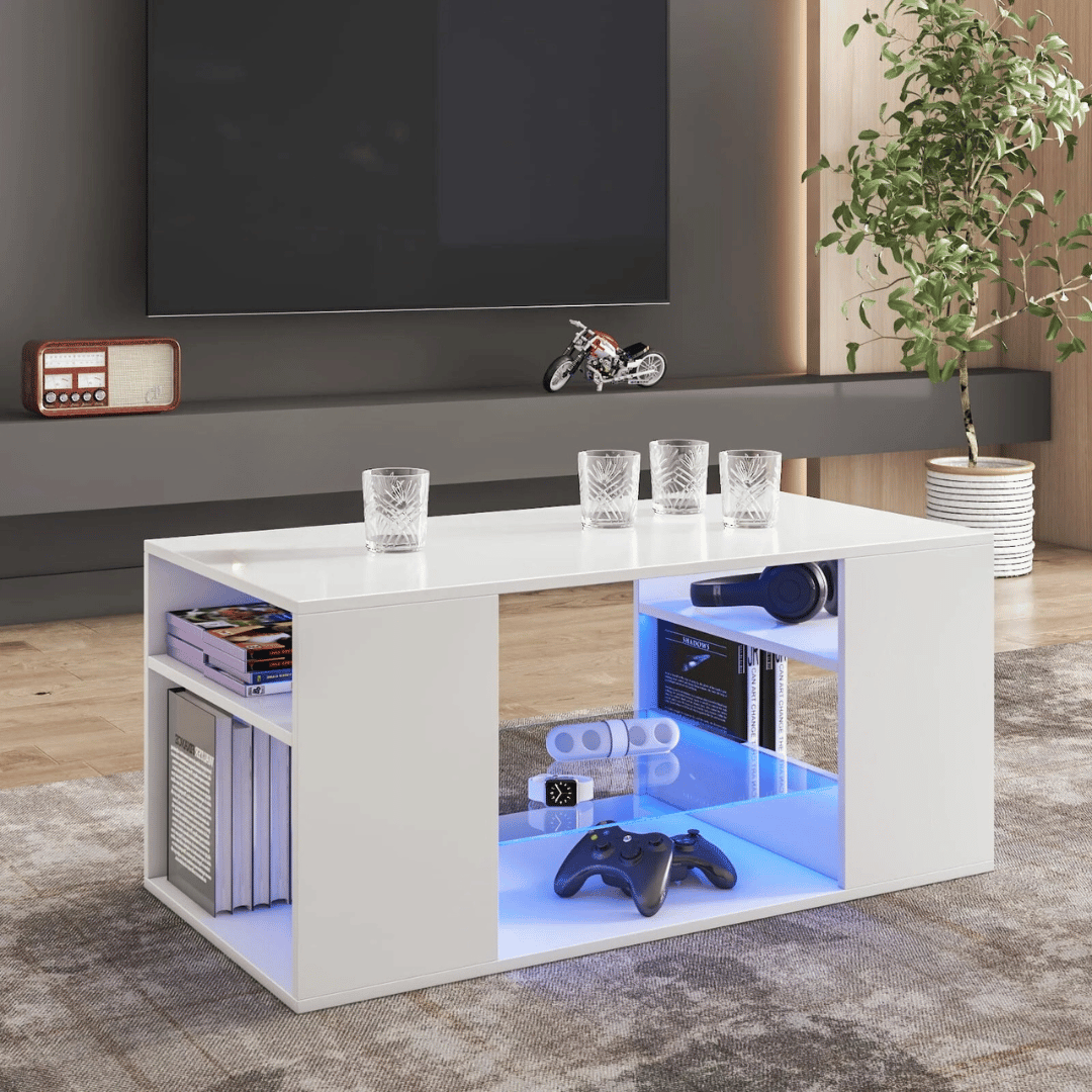 White Coffee Table with LED Lights Living Room Table Glass Open Shelves High Gloss Rectangle Center Table Sofa Side Cocktail Tables