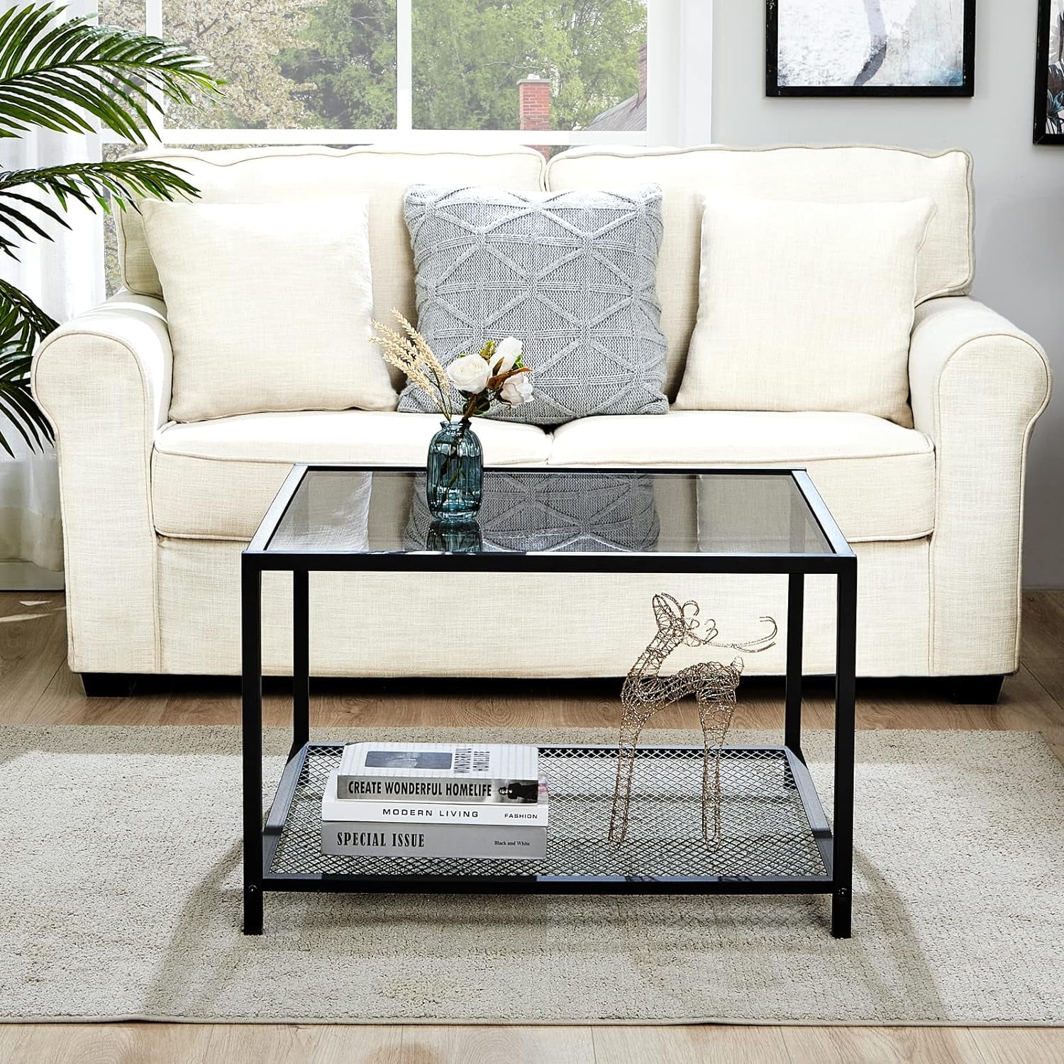 Coffee Table with Storage Modern Glass Coffee Tables Square Industrial Simple Center Table for Living Room Home Office Small Space 27.6 X 27.6 X 17.7 Inches Easy Assembly Gray Black