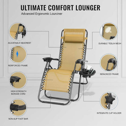 Zero Gravity lounge chair with dual side trays for stress relief, adjustable headrest, reinforced frame, cu (feature callout)