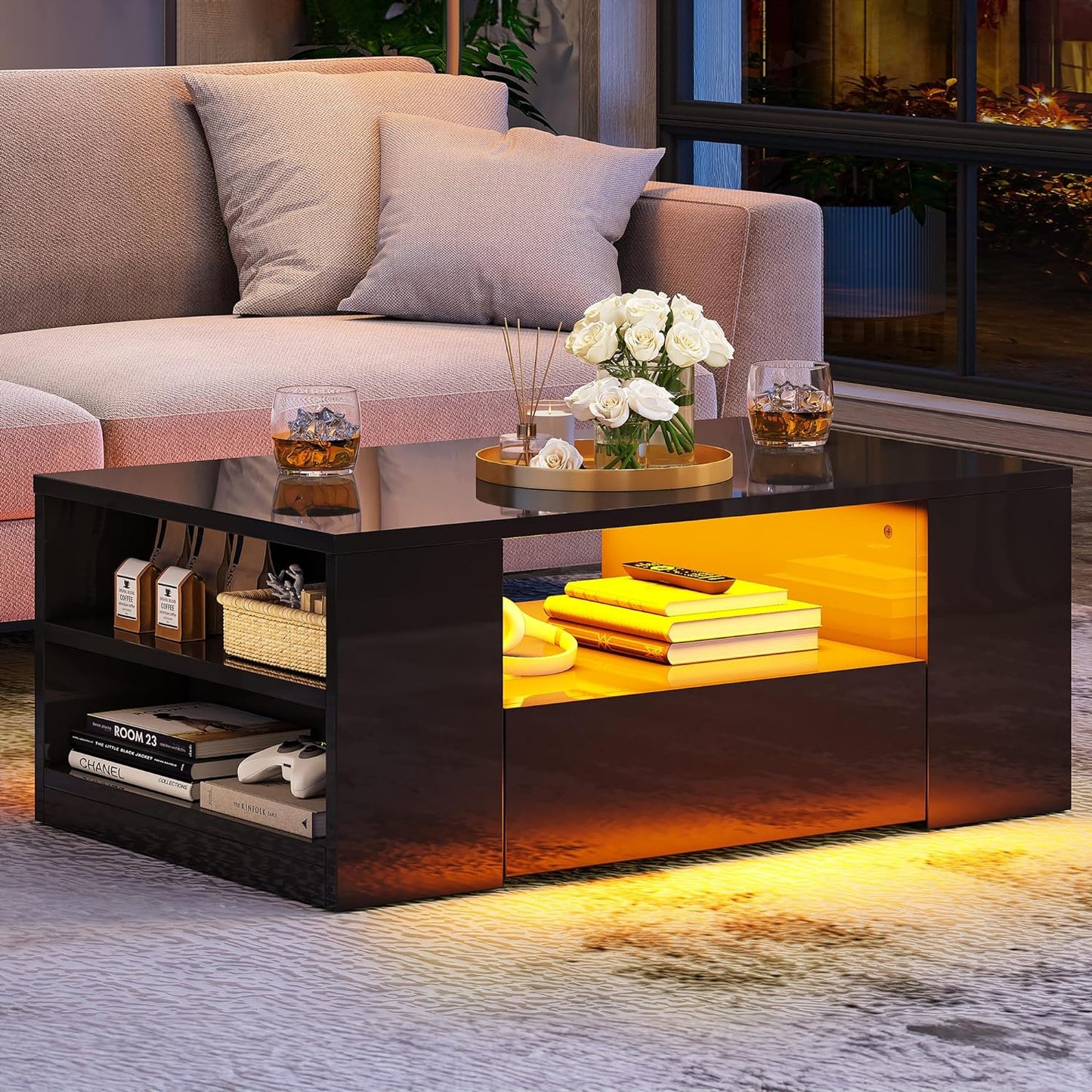 Modern Center Table with Storage and LED Light